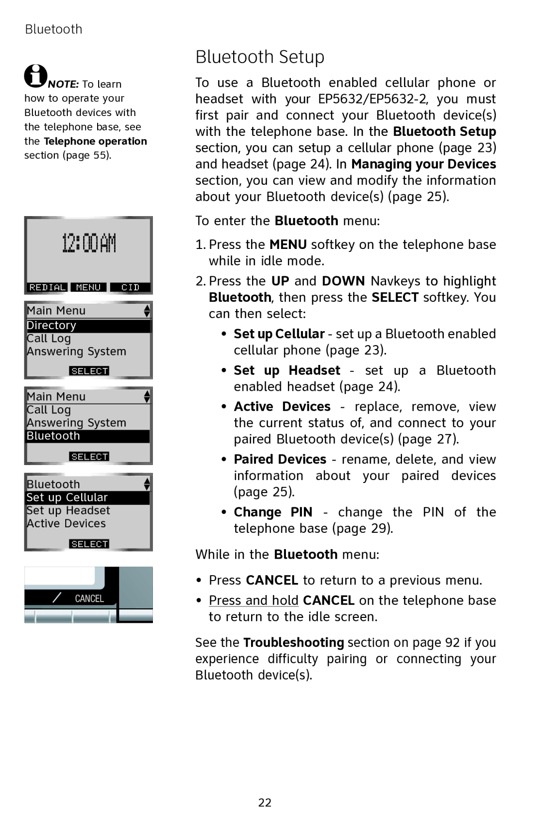 AT&T EP5632 user manual 1200 AM, Bluetooth Setup 