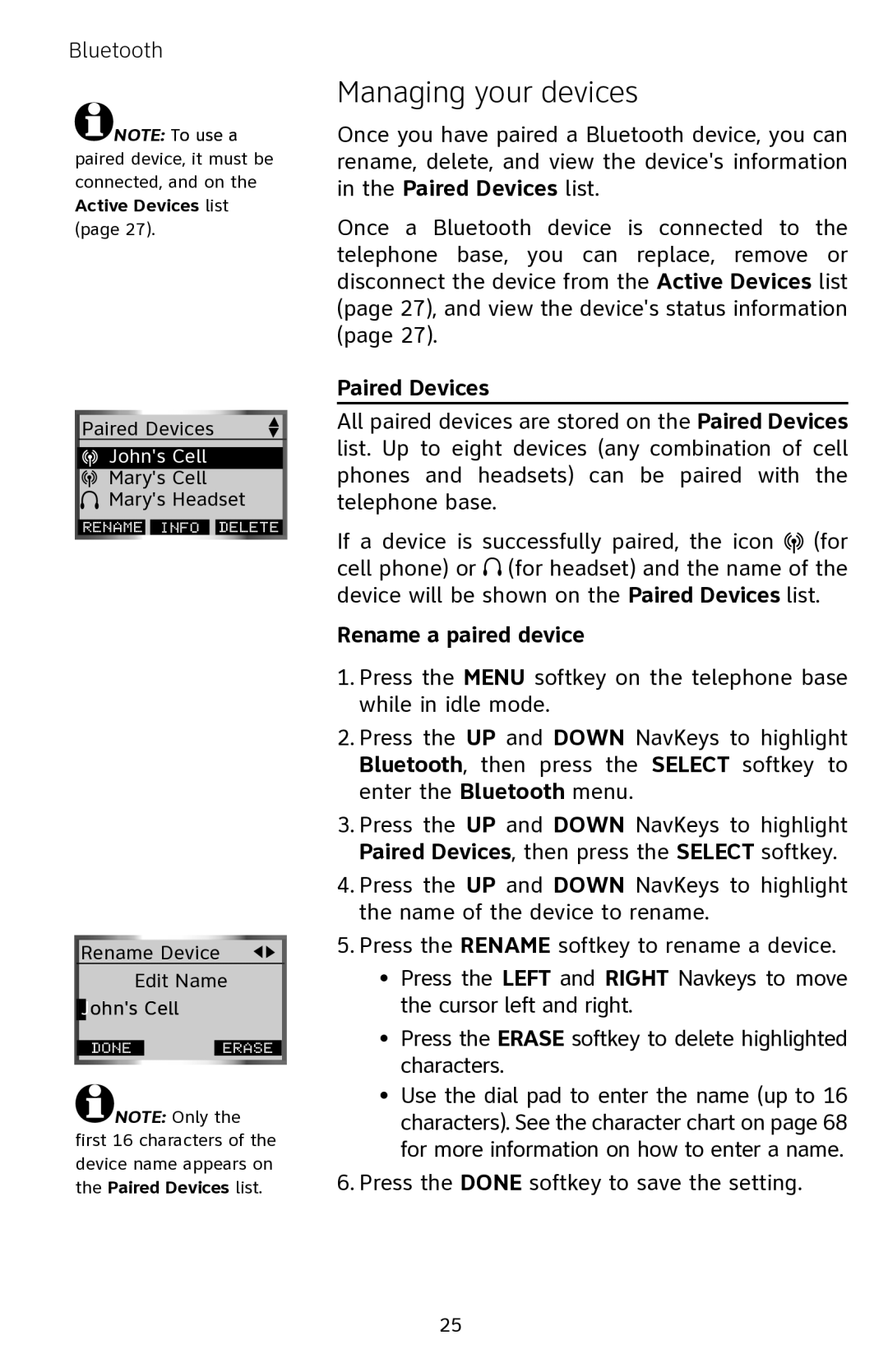 AT&T EP5632 user manual Managing your devices, Paired Devices, Rename a paired device 