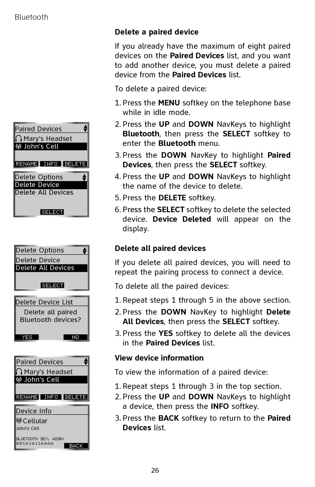 AT&T EP5632 user manual Delete a paired device, Delete all paired devices, View device information 