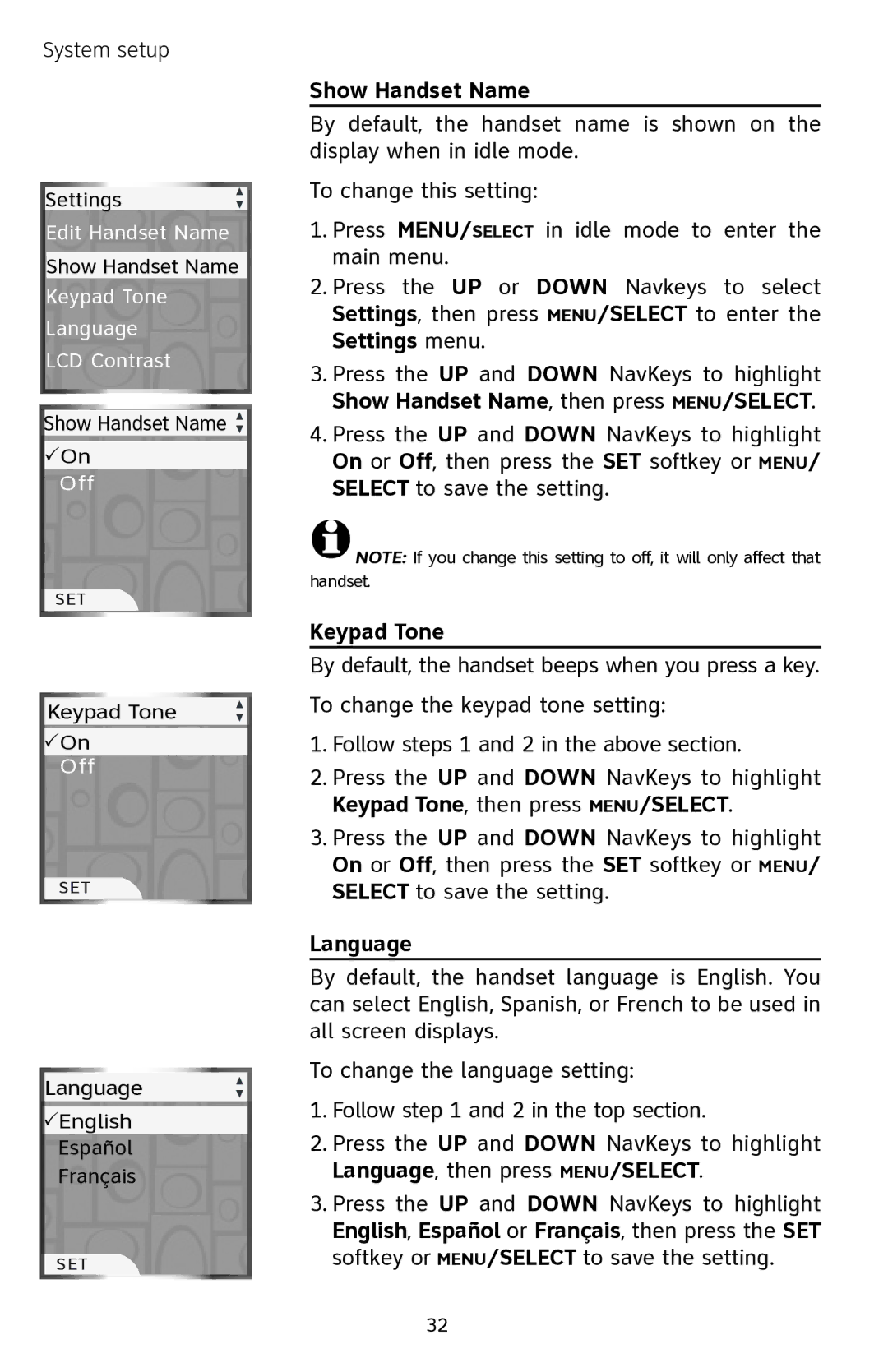 AT&T EP5632 user manual Show Handset Name, Keypad Tone, Language 