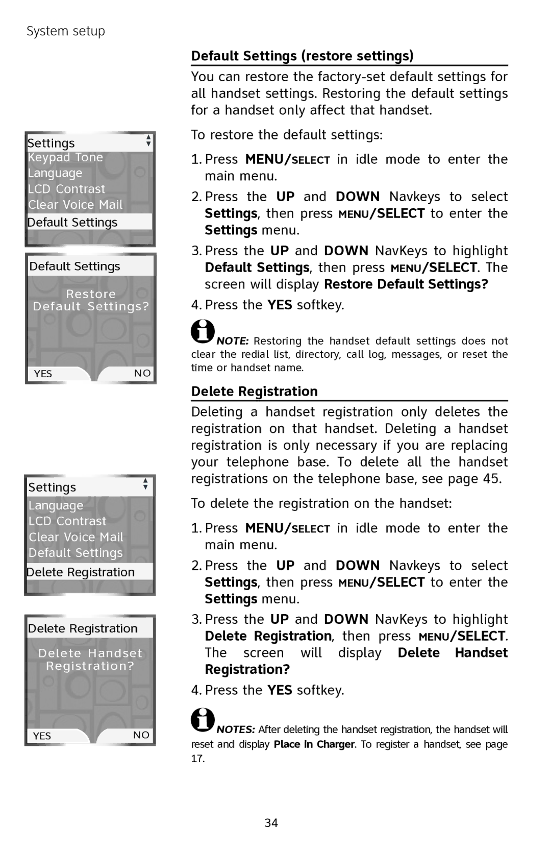 AT&T EP5632 user manual Default Settings restore settings, Delete Registration, Registration? 