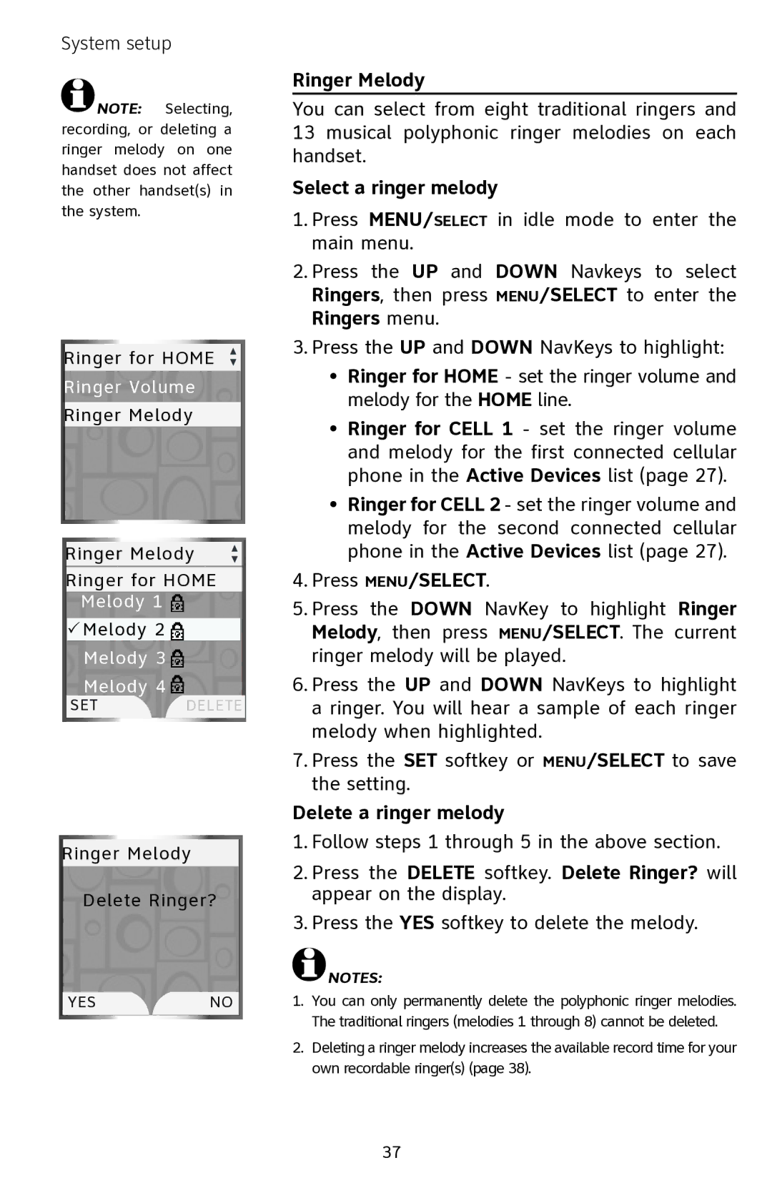 AT&T EP5632 user manual Ringer Melody, Select a ringer melody, Delete a ringer melody 