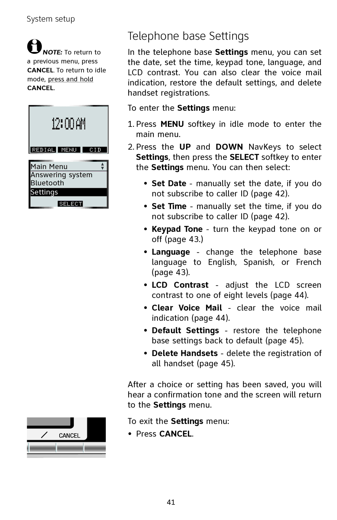 AT&T EP5632 user manual Telephone base Settings 