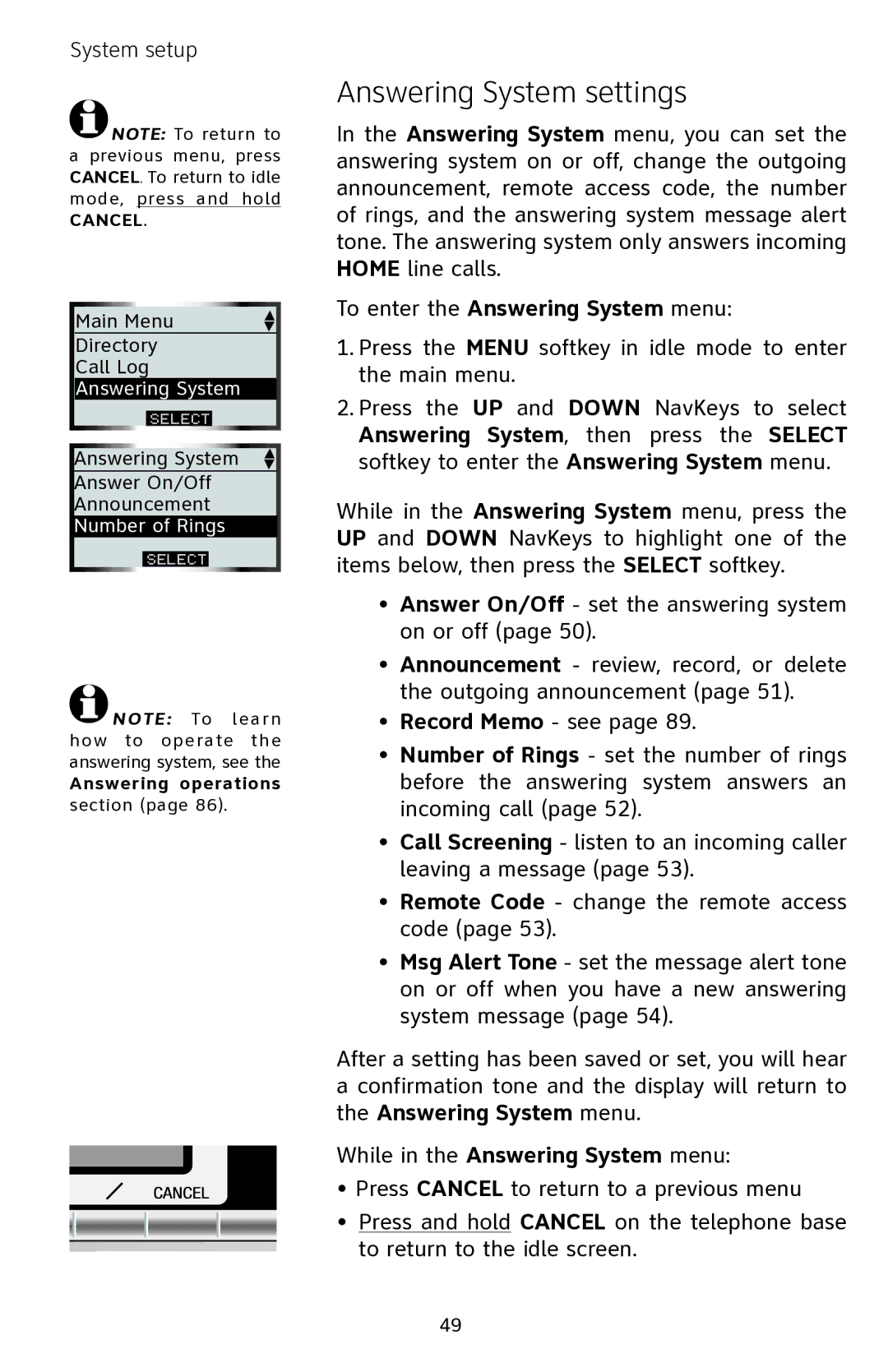 AT&T EP5632 user manual Answering System settings 