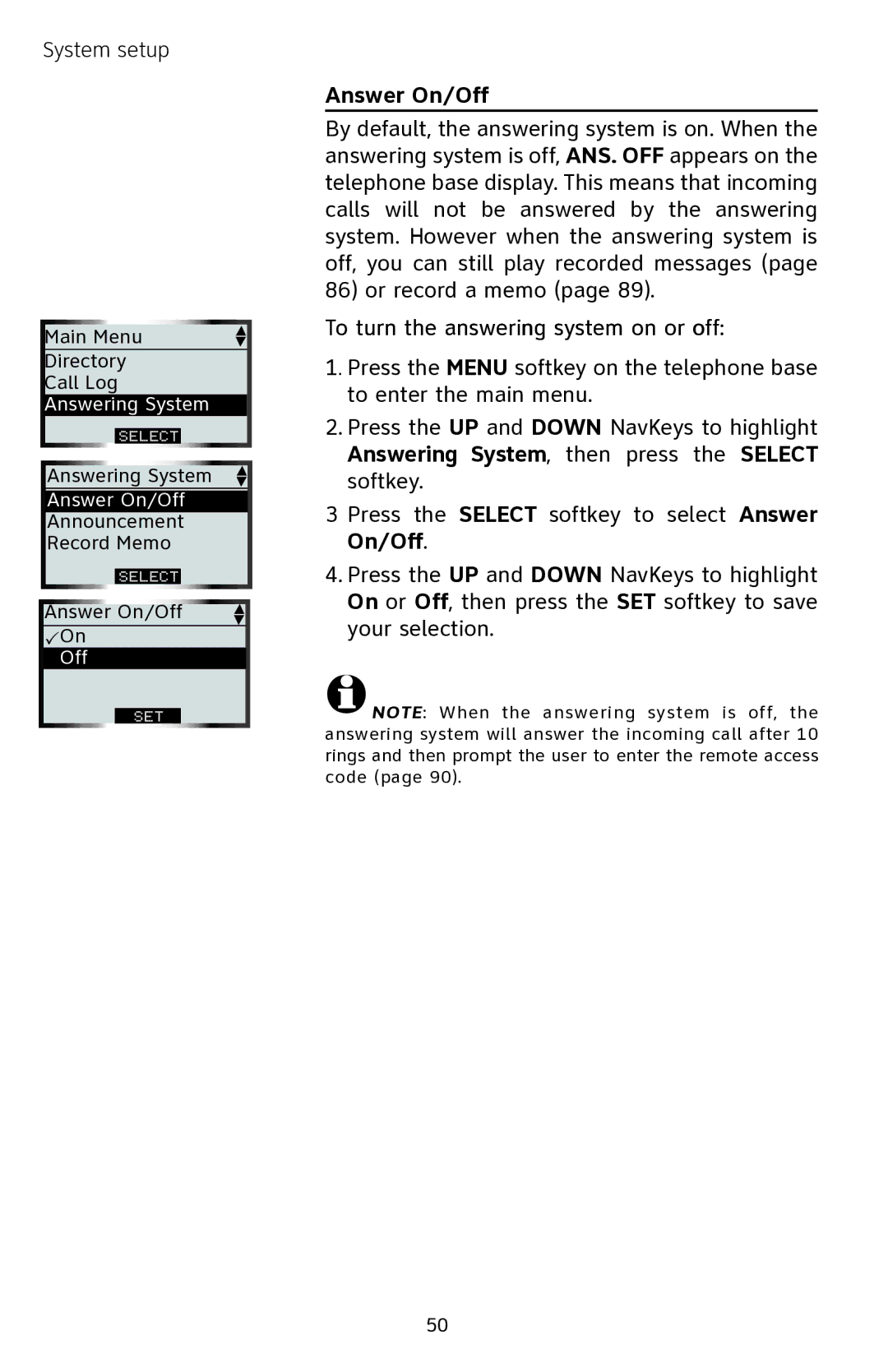 AT&T EP5632 user manual Answer On/Off, To turn the answering system on or off 