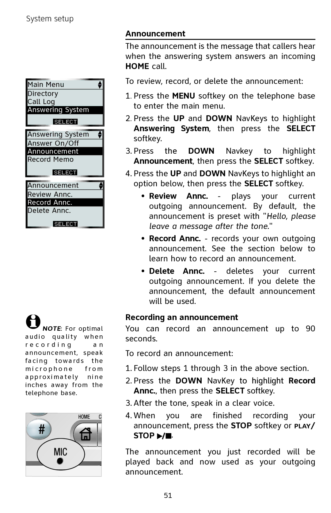 AT&T EP5632 user manual Announcement, Recording an announcement 