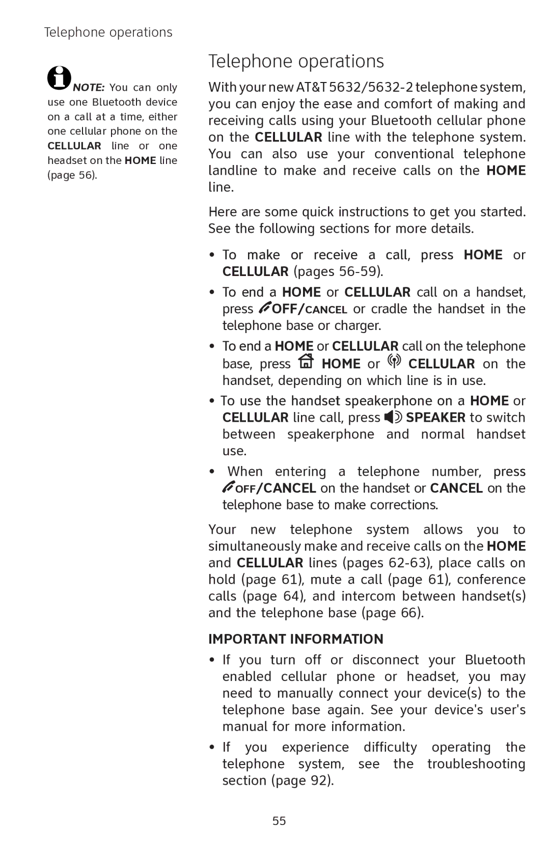 AT&T EP5632 user manual Telephone operations 