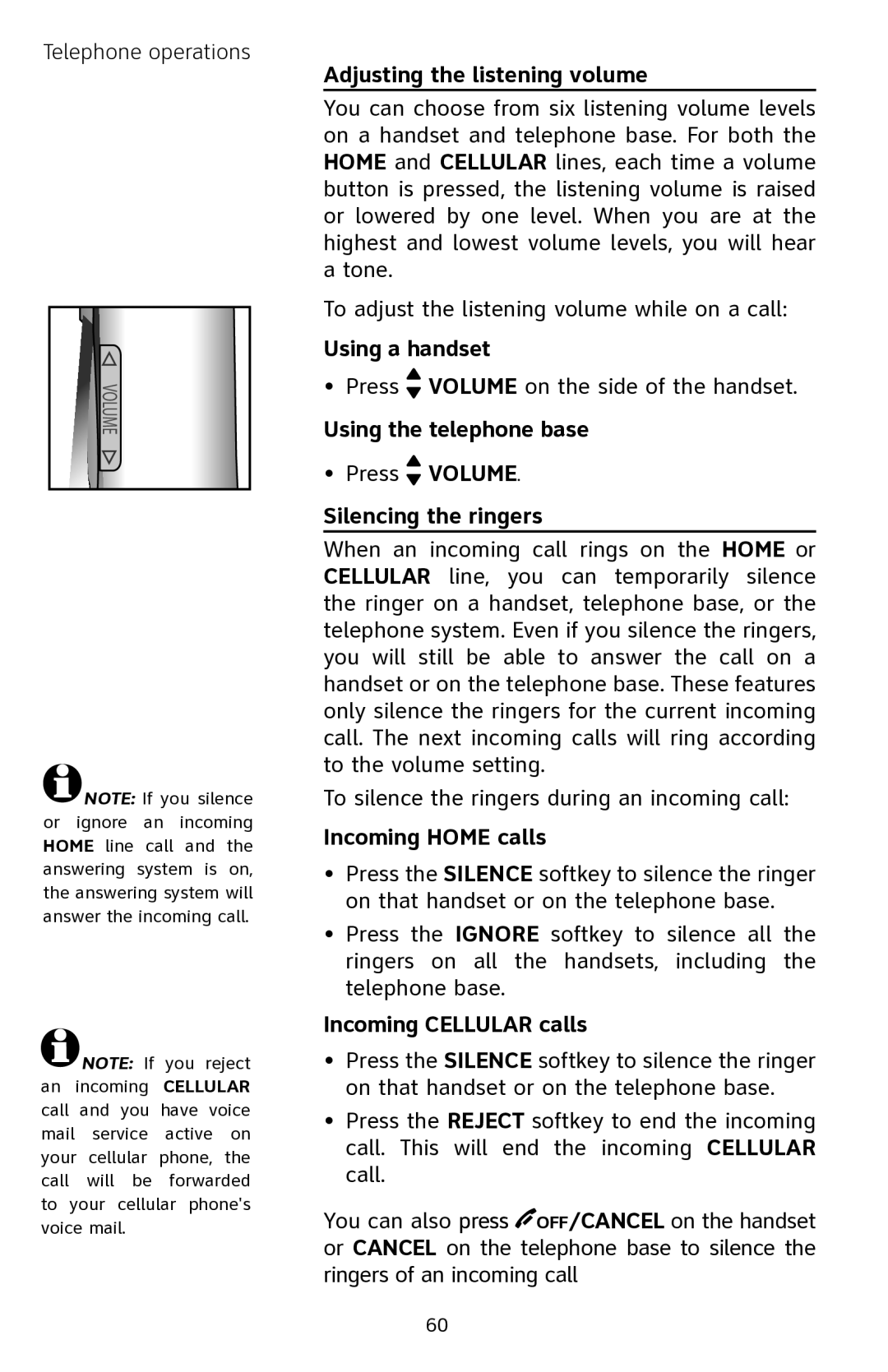 AT&T EP5632 user manual Adjusting the listening volume, Using the telephone base Press Volume Silencing the ringers 