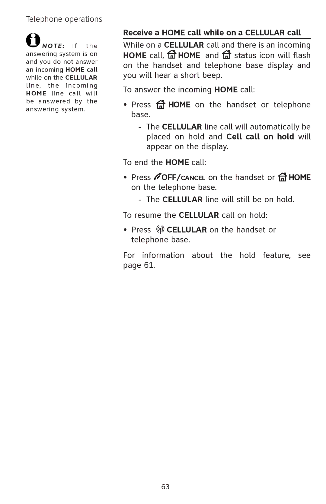 AT&T EP5632 user manual Receive a Home call while on a Cellular call 