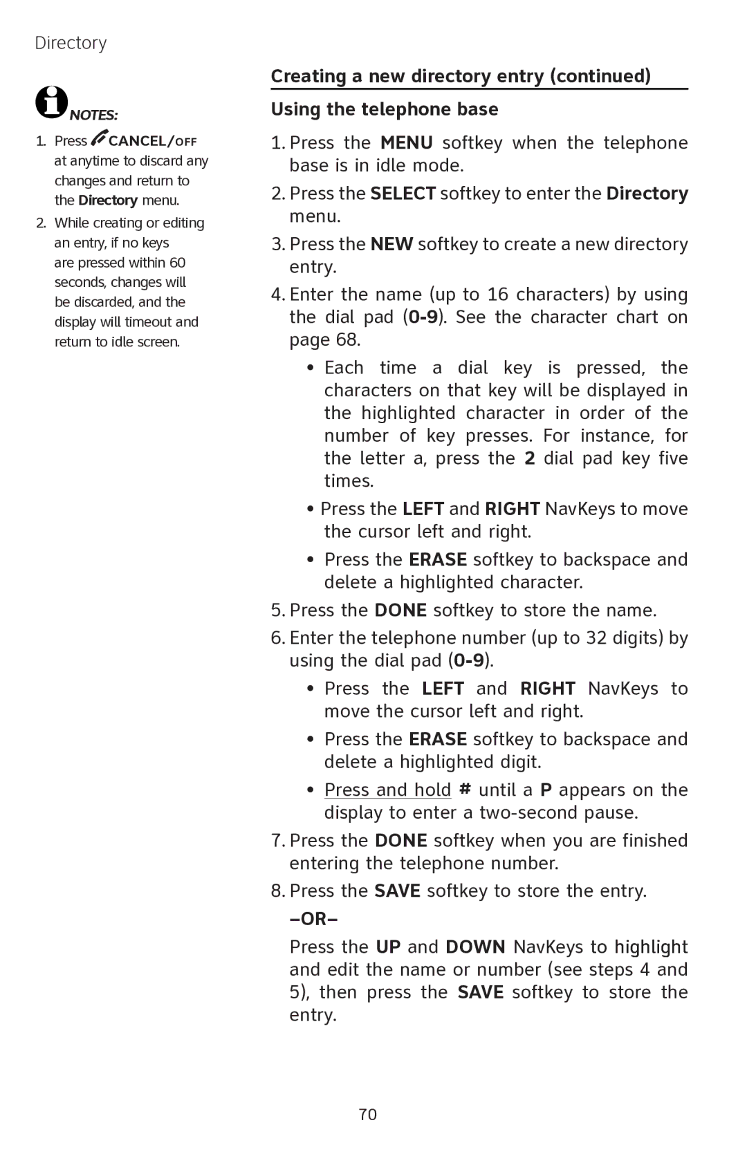 AT&T EP5632 user manual Creating a new directory entry Using the telephone base 