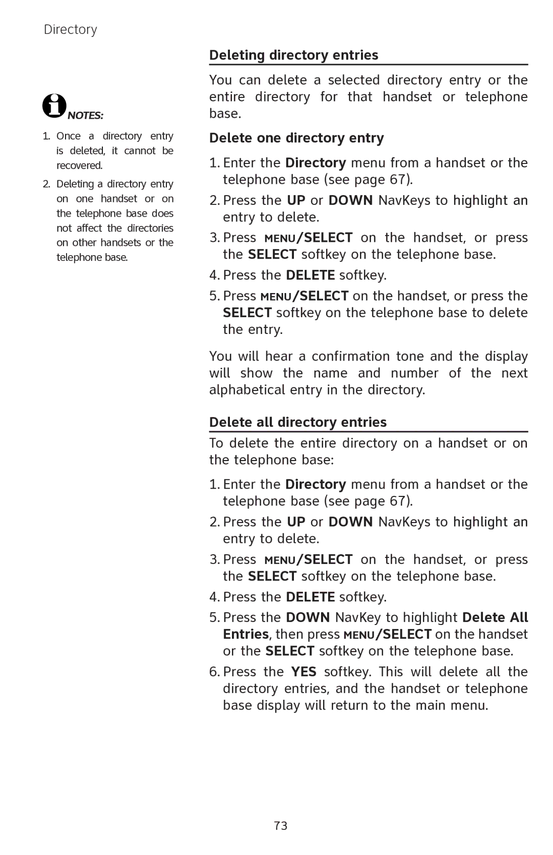 AT&T EP5632 user manual Deleting directory entries, Delete one directory entry, Delete all directory entries 