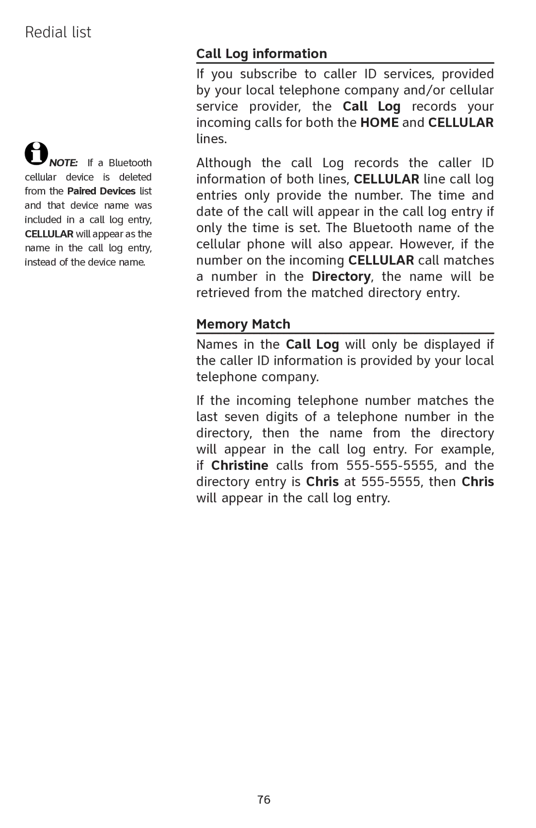 AT&T EP5632 user manual Call Log information, Memory Match 