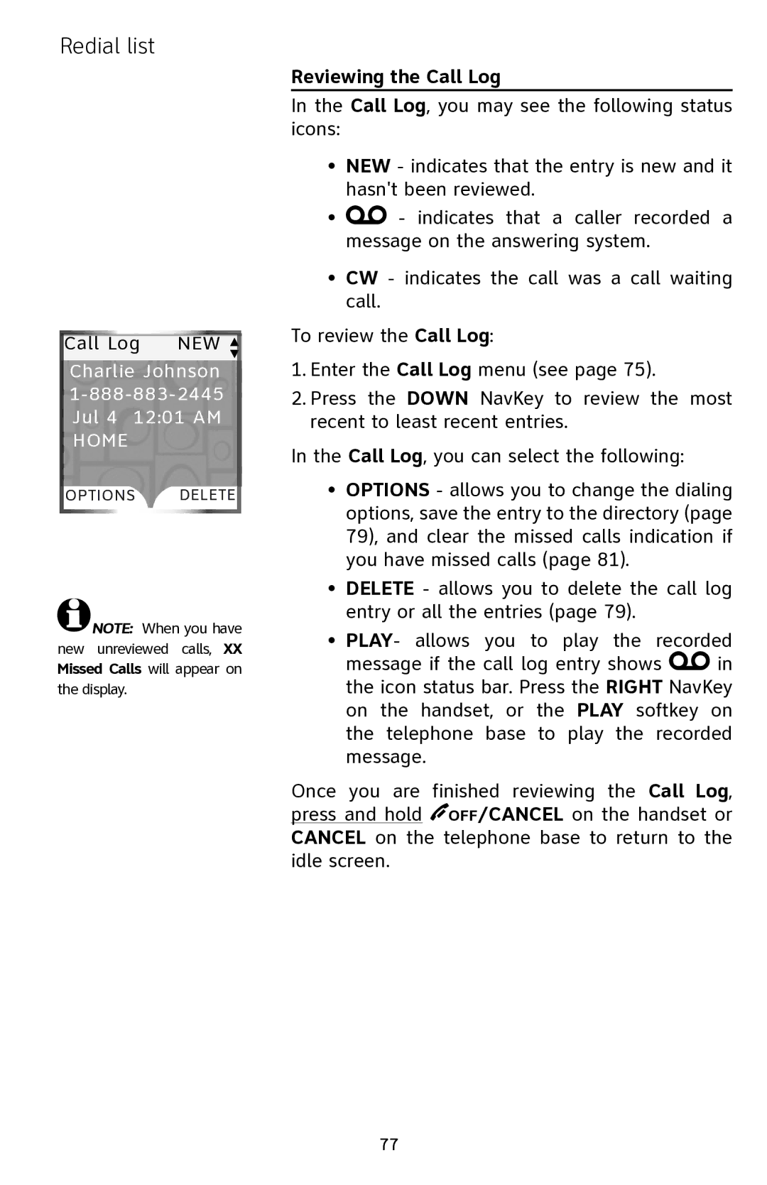 AT&T EP5632 user manual Reviewing the Call Log 