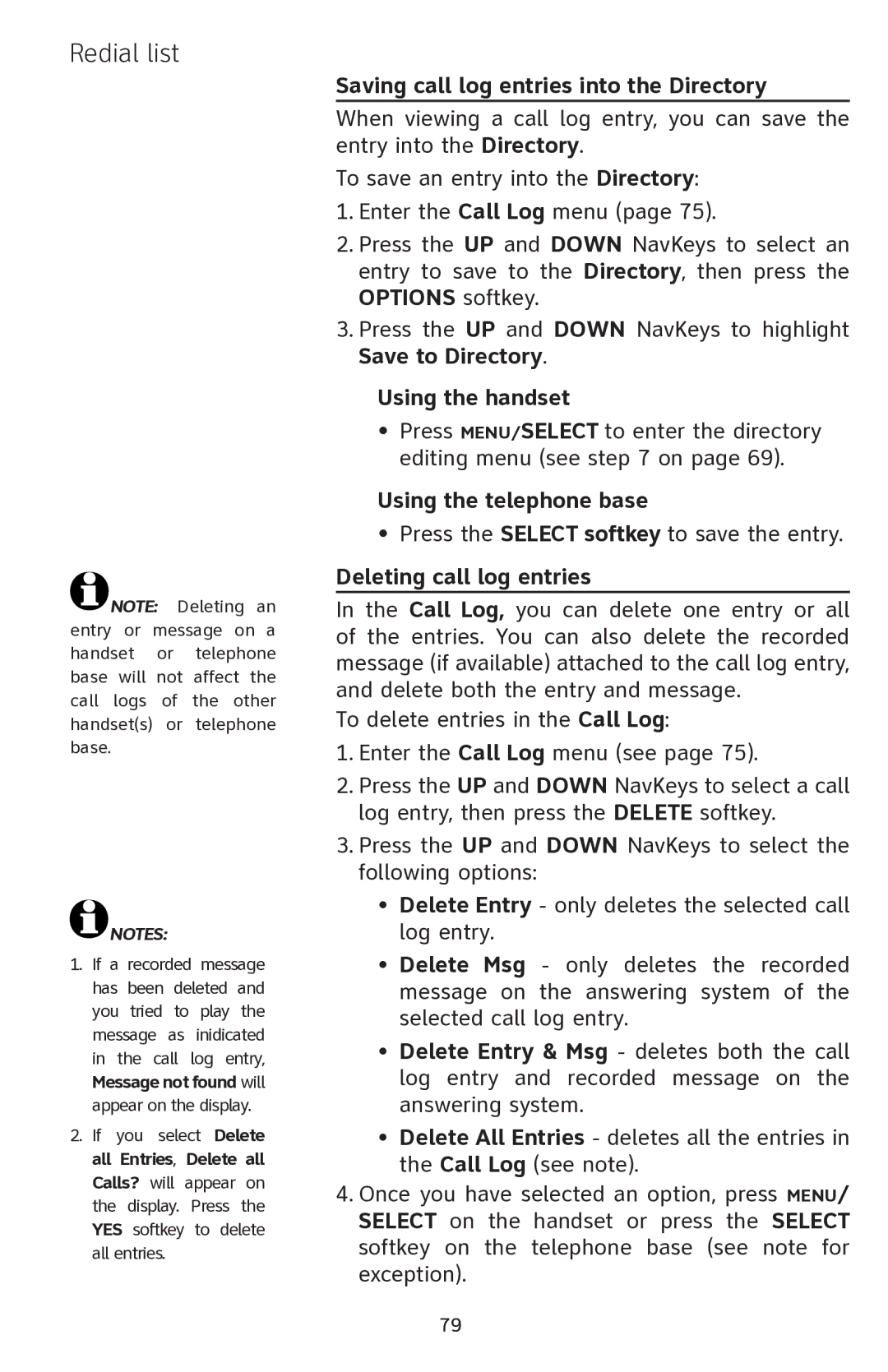 AT&T EP5632 user manual Saving call log entries into the Directory, Using the handset, Deleting call log entries 