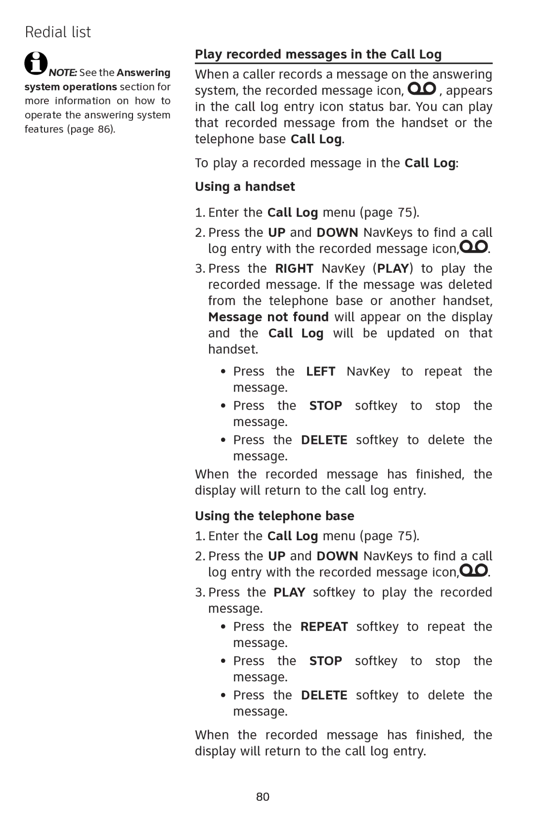 AT&T EP5632 user manual Play recorded messages in the Call Log, Using a handset 