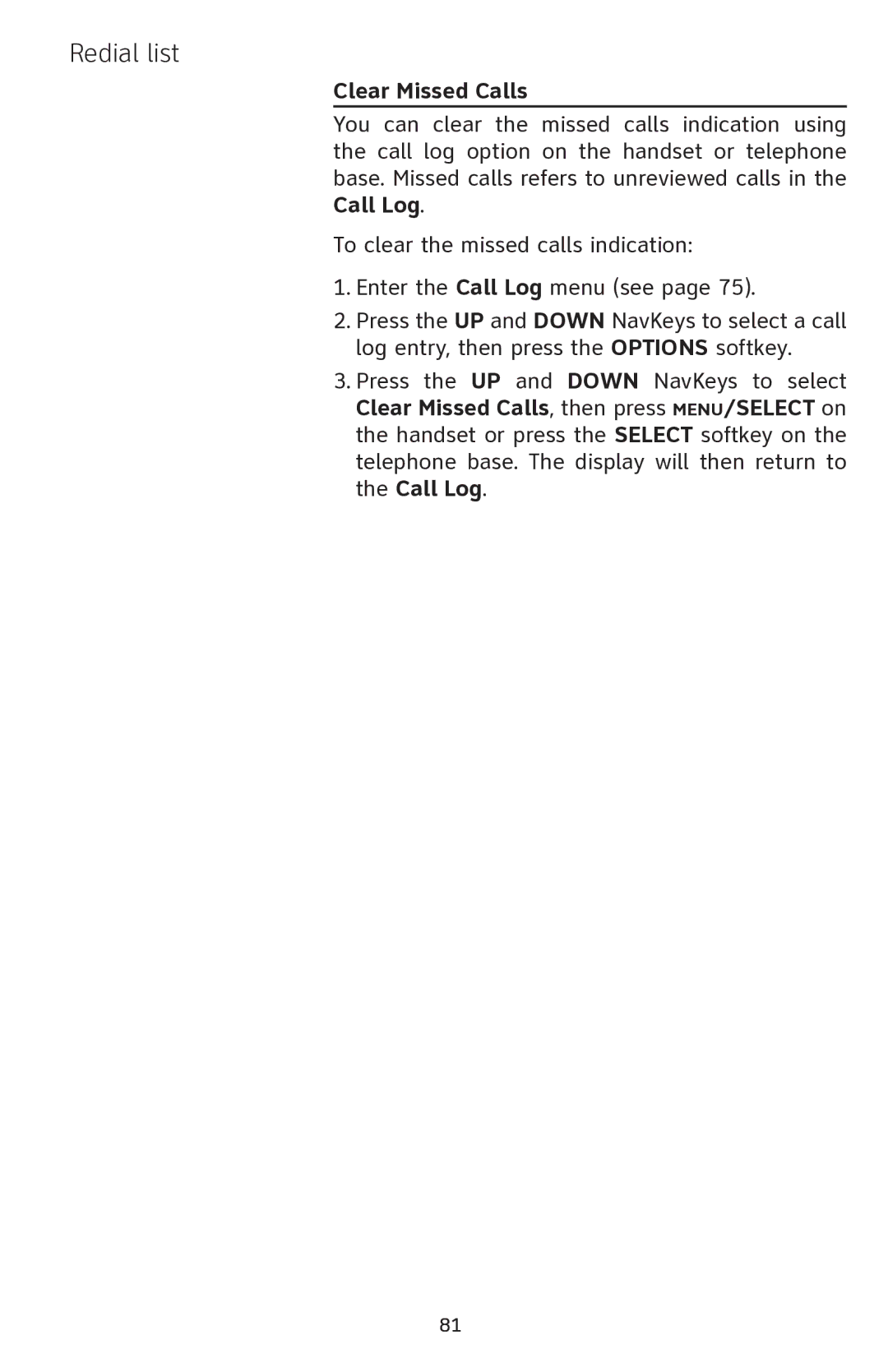 AT&T EP5632 user manual Clear Missed Calls 