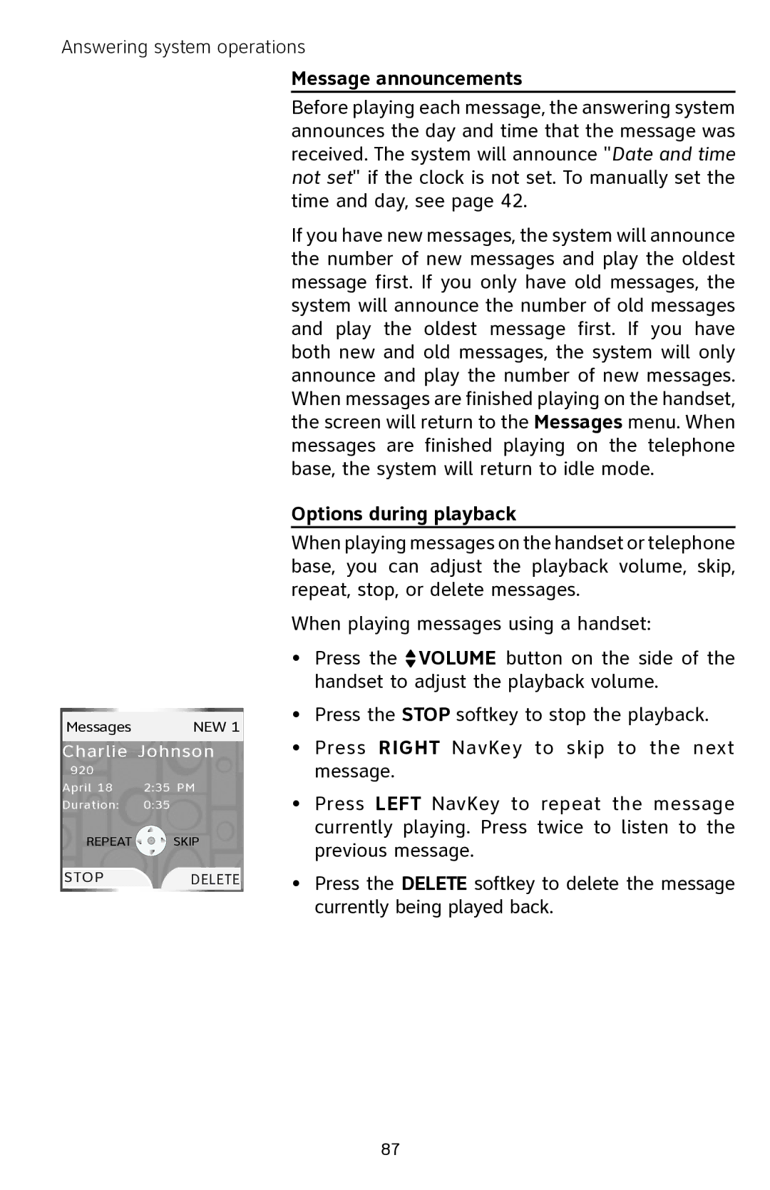 AT&T EP5632 user manual Message announcements, Options during playback 