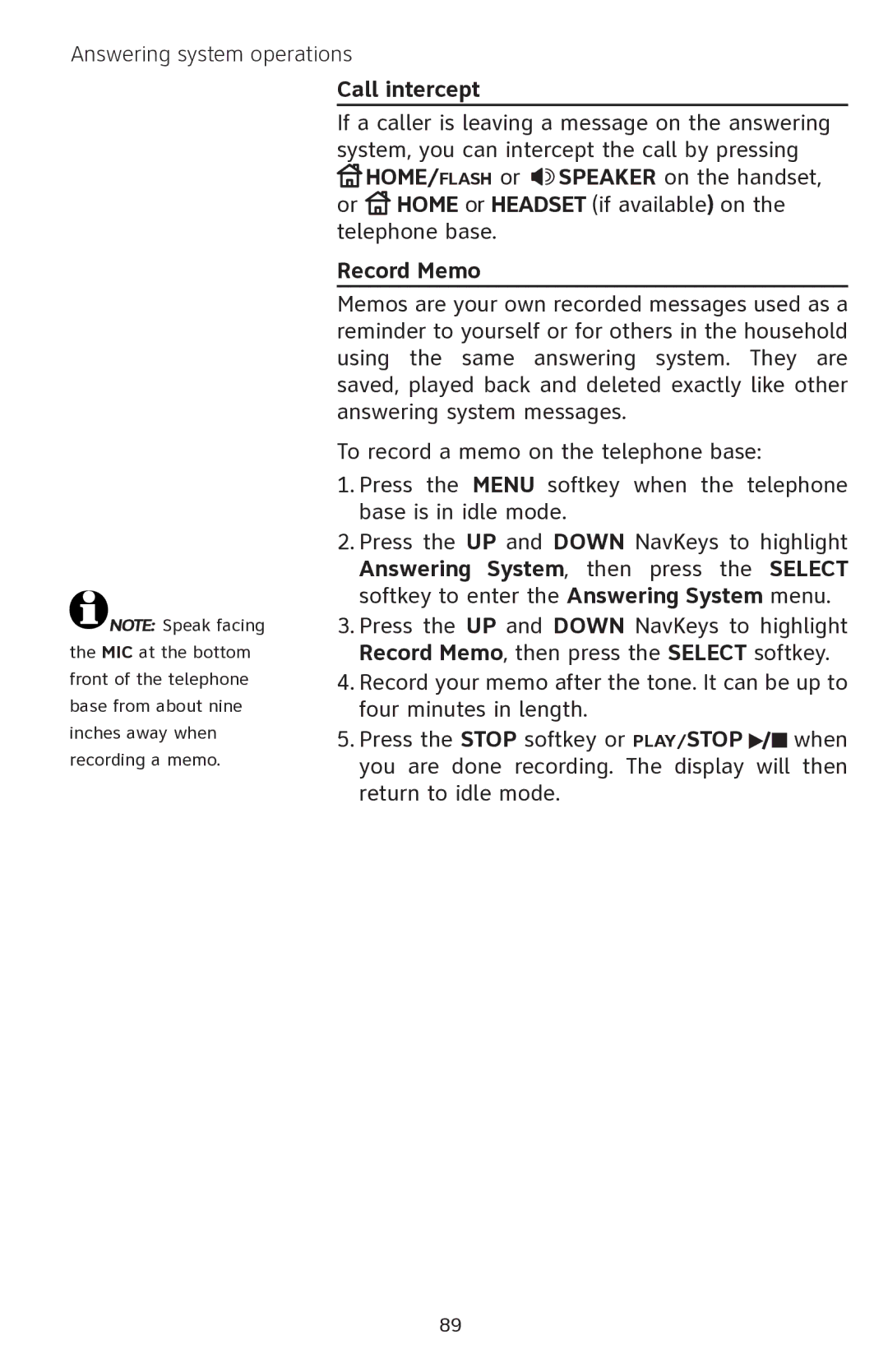 AT&T EP5632 user manual Call intercept, Record Memo 