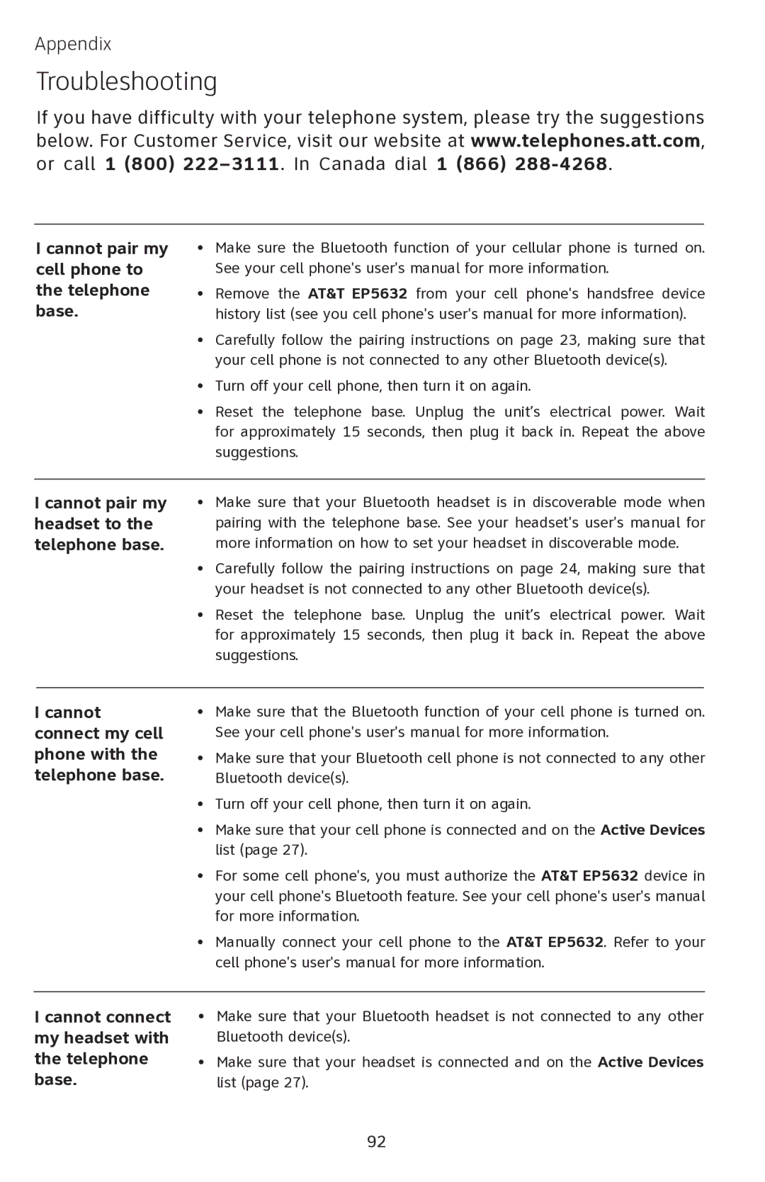 AT&T EP5632 user manual Troubleshooting, Cannot pair my cell phone to the telephone base 