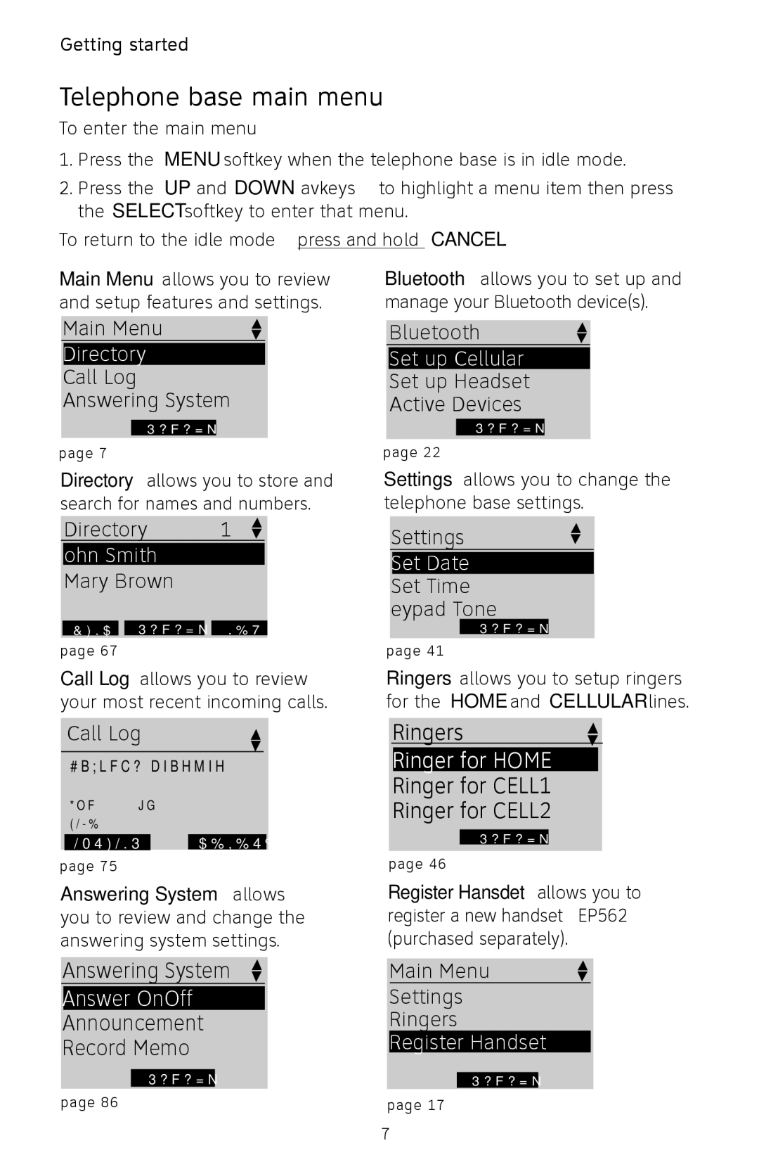 AT&T EP5632/EP5632-2 user manual Telephone base main menu, Directory 