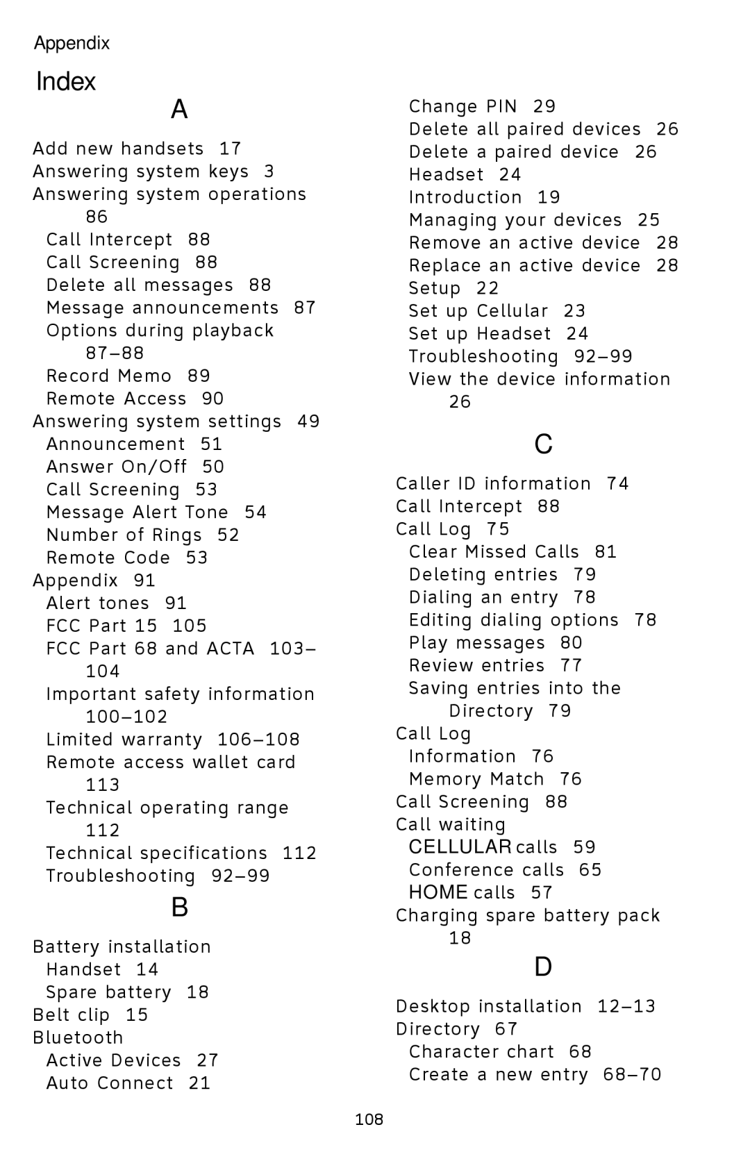 AT&T EP5632/EP5632-2 user manual Index, Cellular calls 59 Conference calls 65 Home calls 