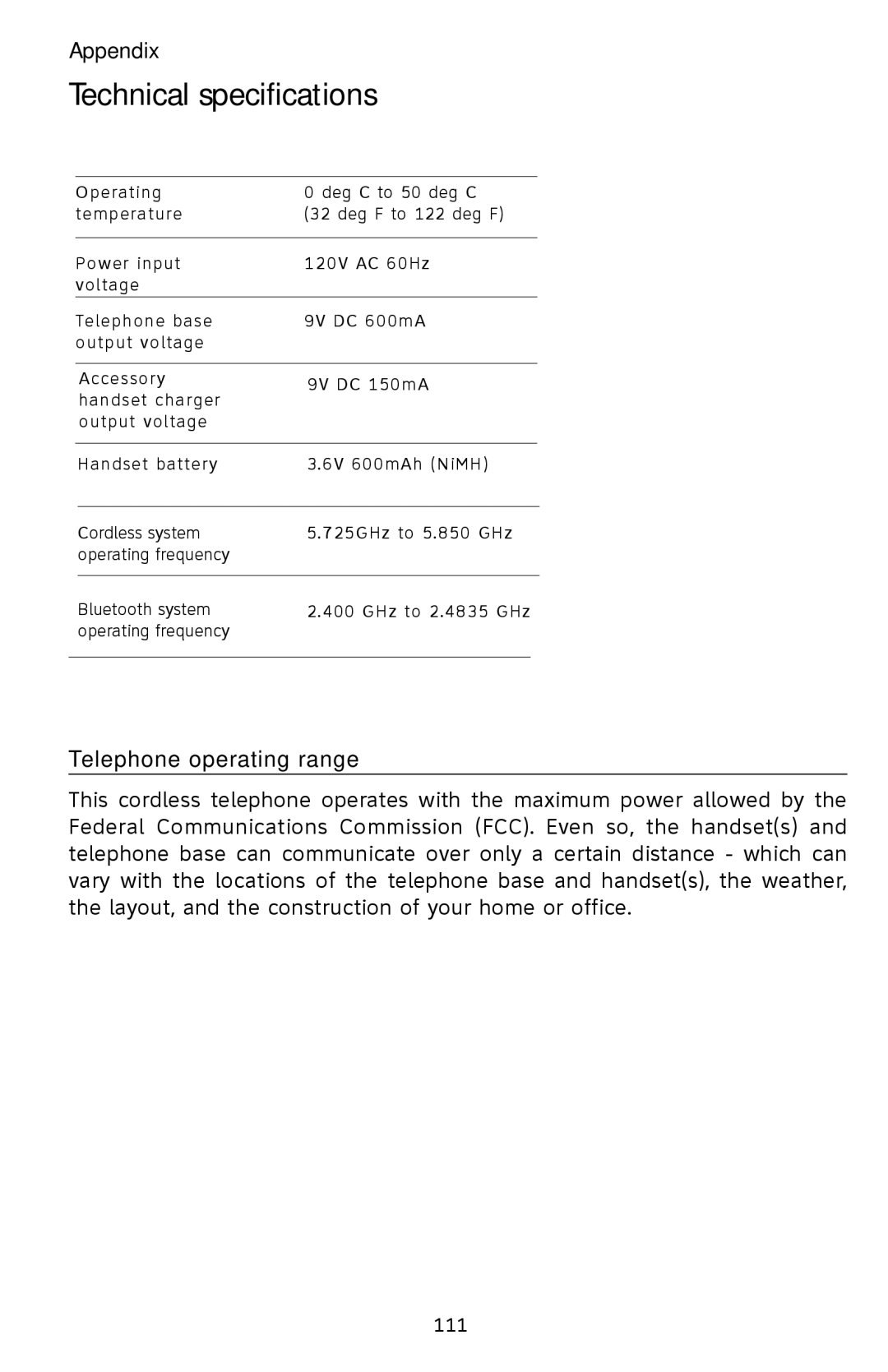 AT&T EP5632/EP5632-2 user manual Technical specifications, Telephone operating range 