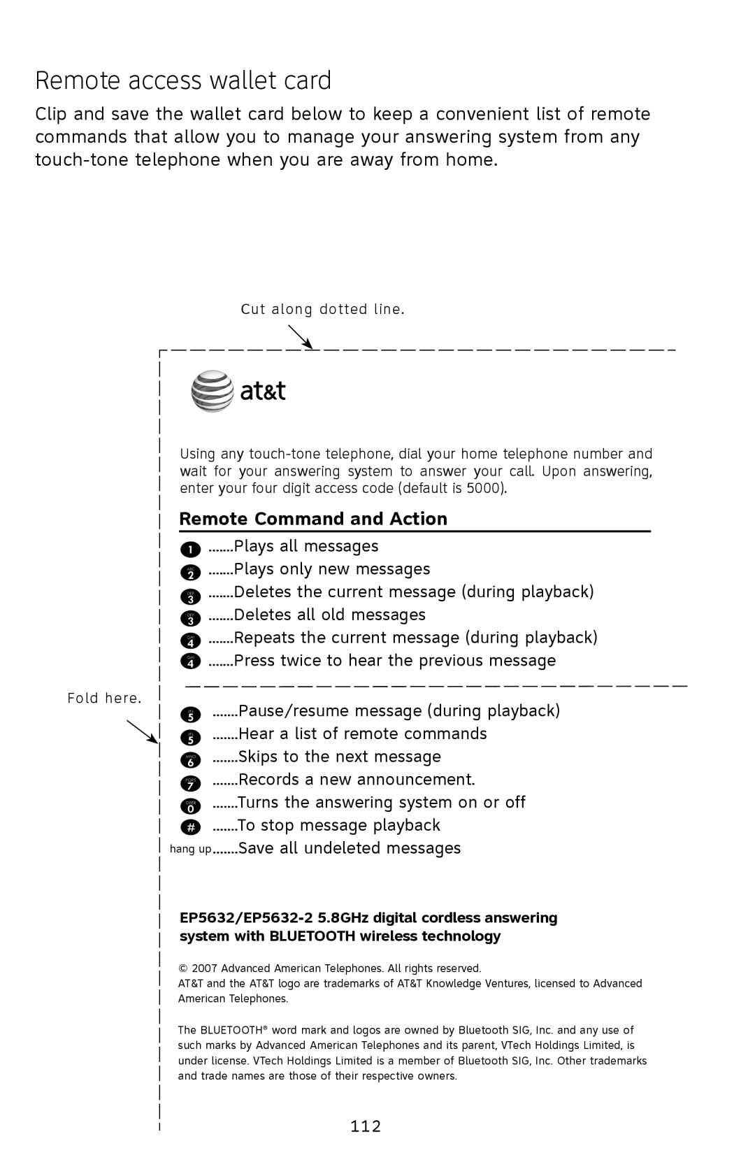 AT&T EP5632/EP5632-2 user manual Remote access wallet card, 112 