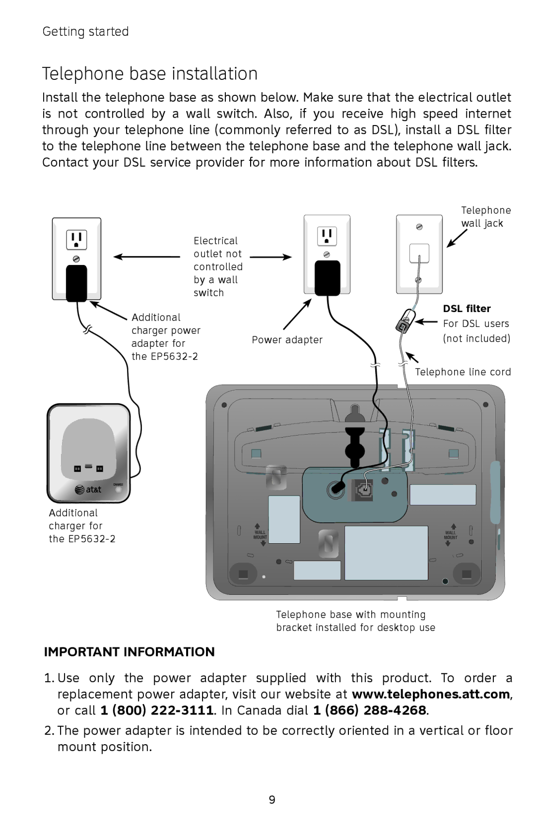 AT&T EP5632/EP5632-2 user manual Telephone base installation, Important Information 