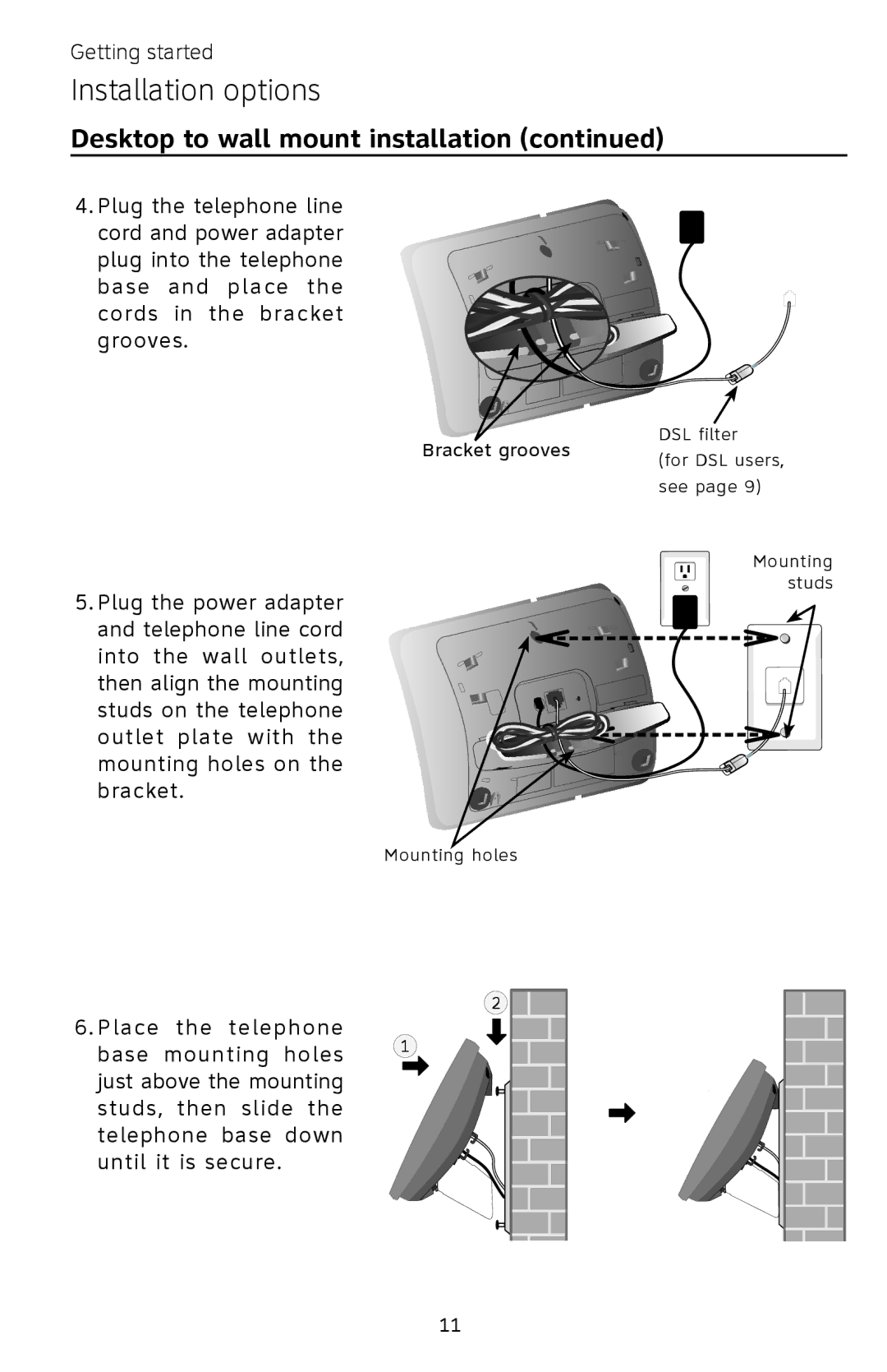 AT&T EP5632/EP5632-2 user manual Bracket grooves DSL filter For DSL users, see Mounting studs 