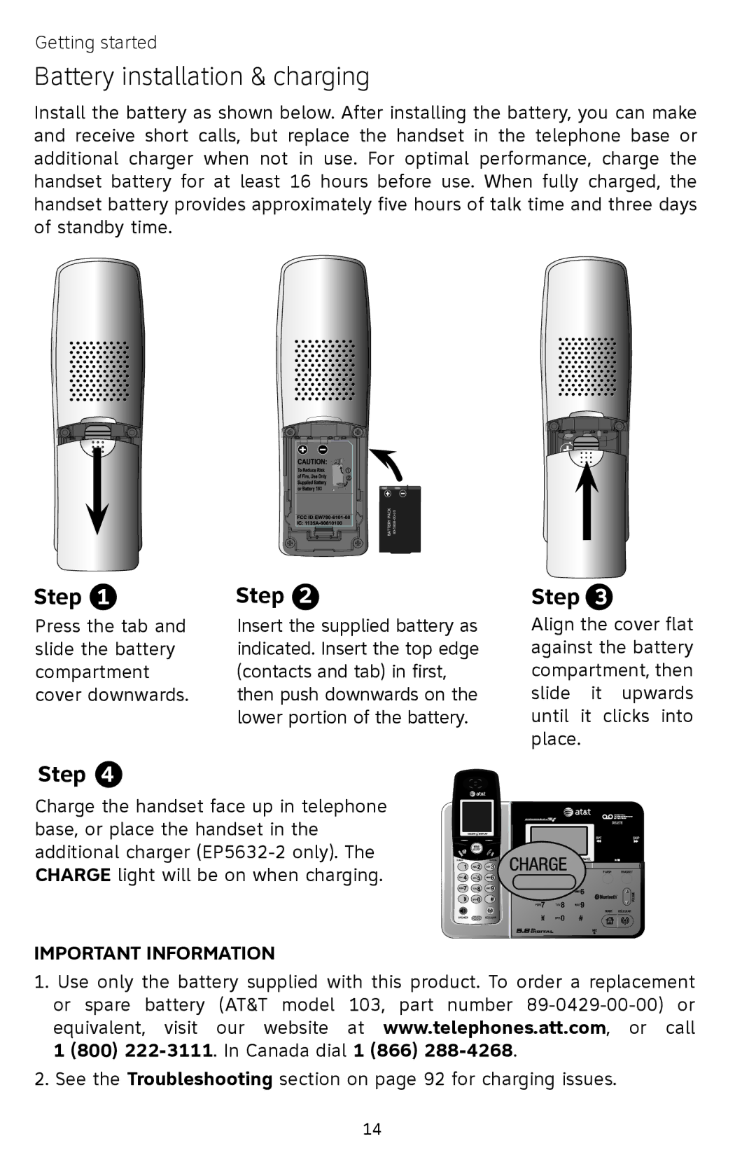 AT&T EP5632/EP5632-2 user manual Battery installation & charging, Step 