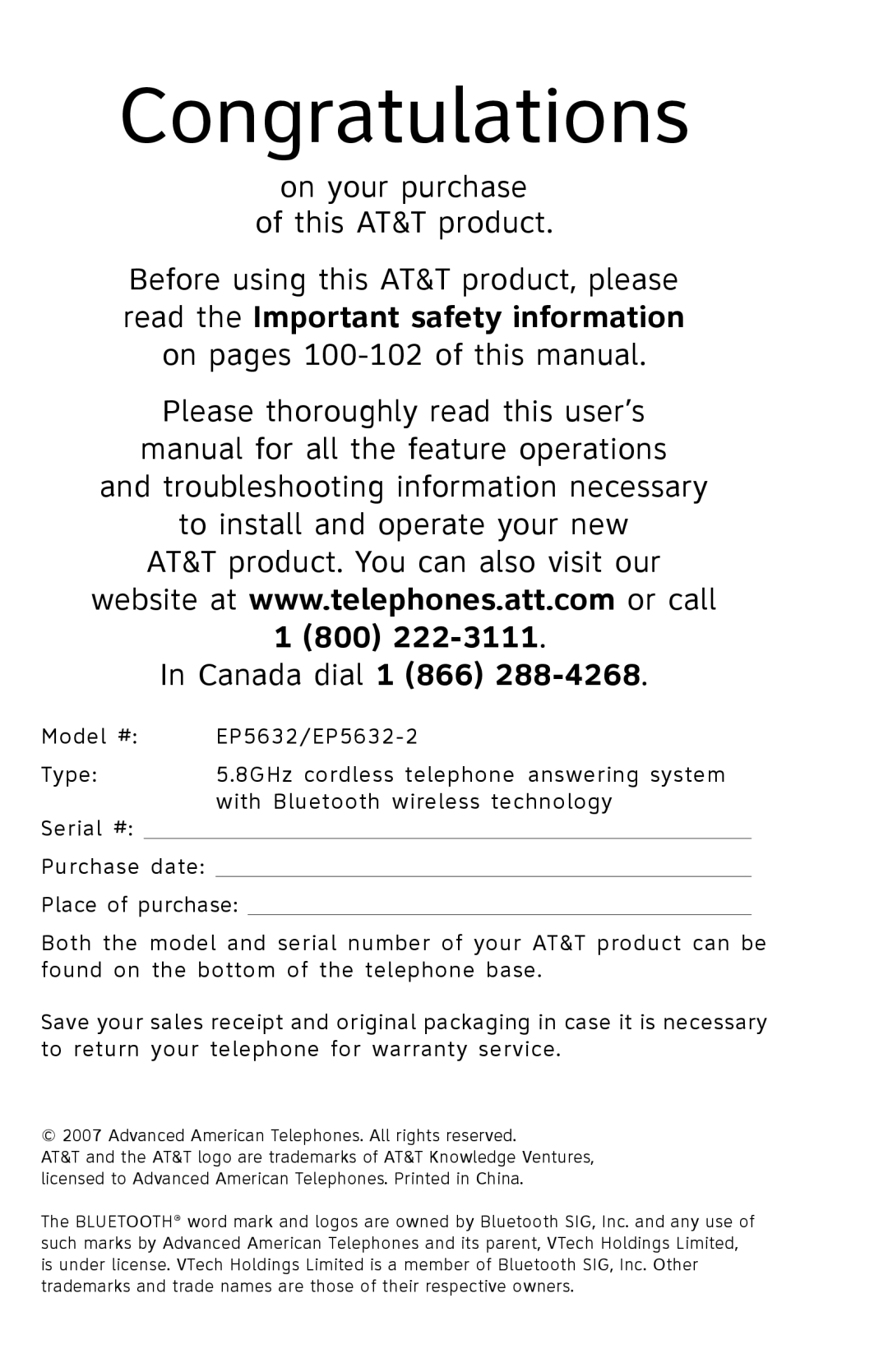 AT&T EP5632/EP5632-2 user manual Congratulations, On your purchase This AT&T product 