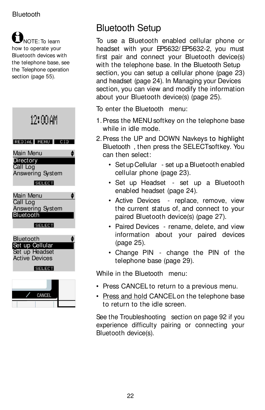 AT&T EP5632/EP5632-2 user manual 1200 AM, Bluetooth Setup 