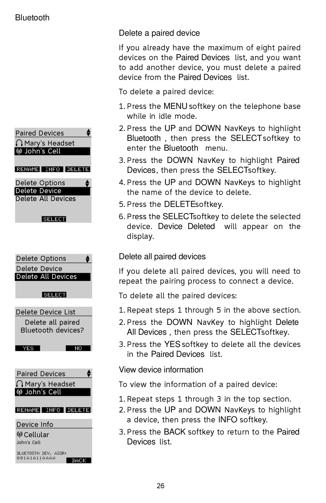 AT&T EP5632/EP5632-2 user manual Delete a paired device, Delete all paired devices, View device information 