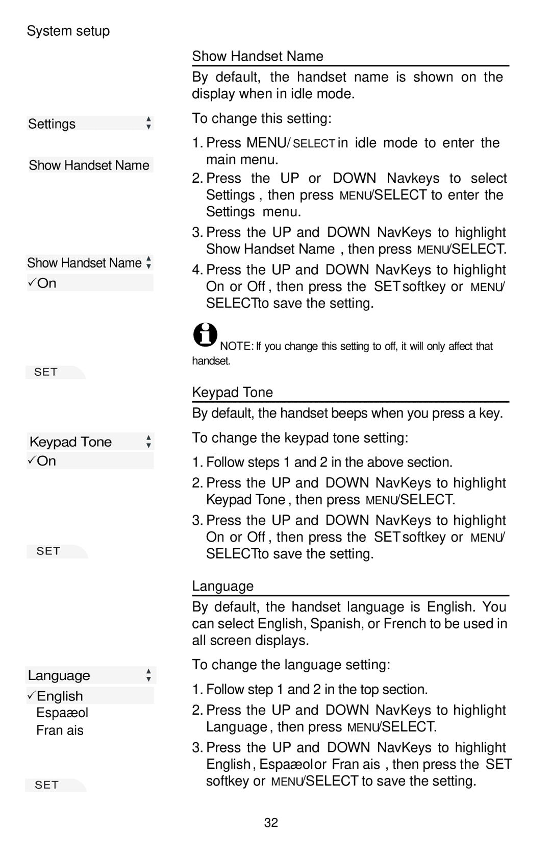 AT&T EP5632/EP5632-2 user manual Show Handset Name, Keypad Tone, Language 