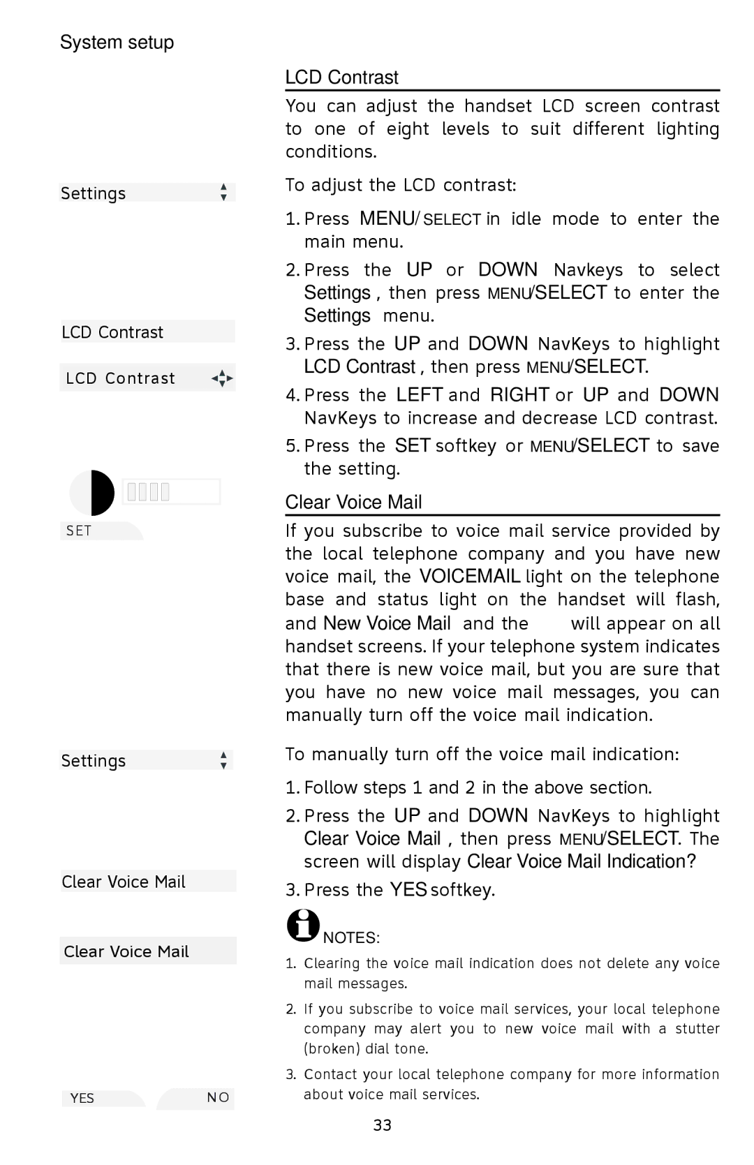 AT&T EP5632/EP5632-2 user manual LCD Contrast, Clear Voice Mail 