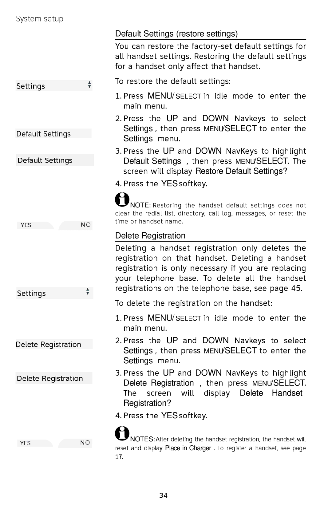 AT&T EP5632/EP5632-2 user manual Default Settings restore settings, Delete Registration, Registration? 