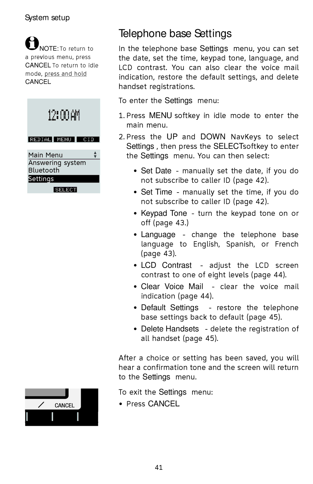 AT&T EP5632/EP5632-2 user manual Telephone base Settings 