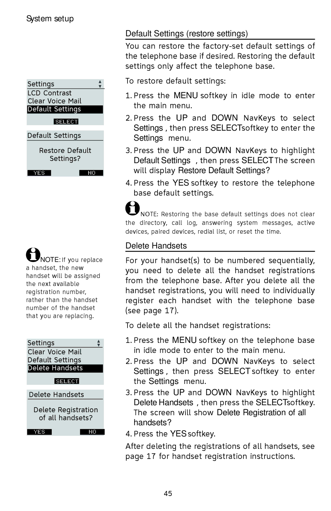 AT&T EP5632/EP5632-2 user manual Delete Handsets, Default Settings 