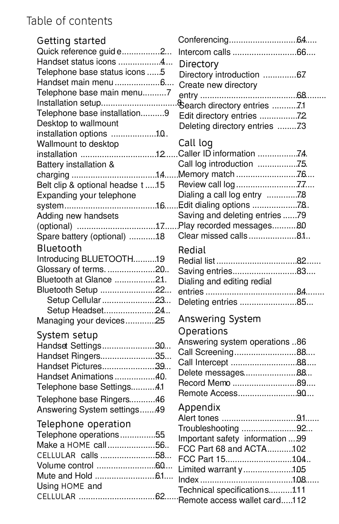 AT&T EP5632/EP5632-2 user manual Table of contents 