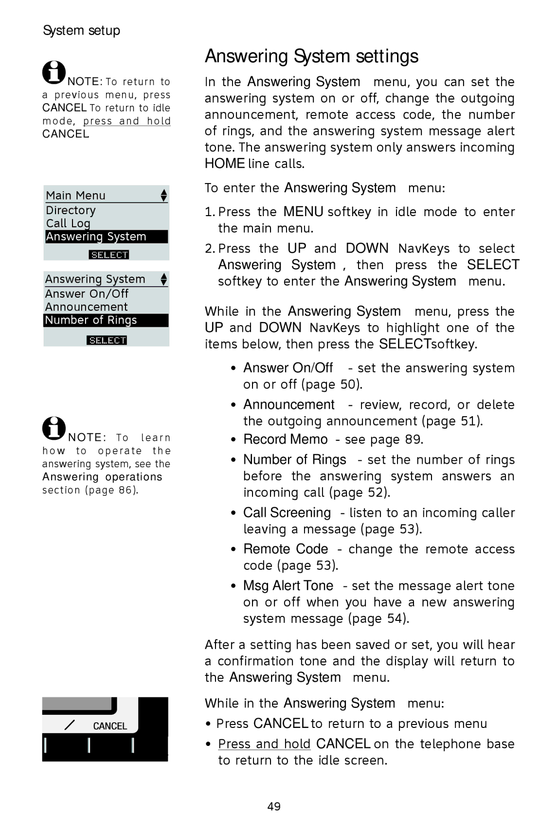 AT&T EP5632/EP5632-2 user manual Answering System settings 