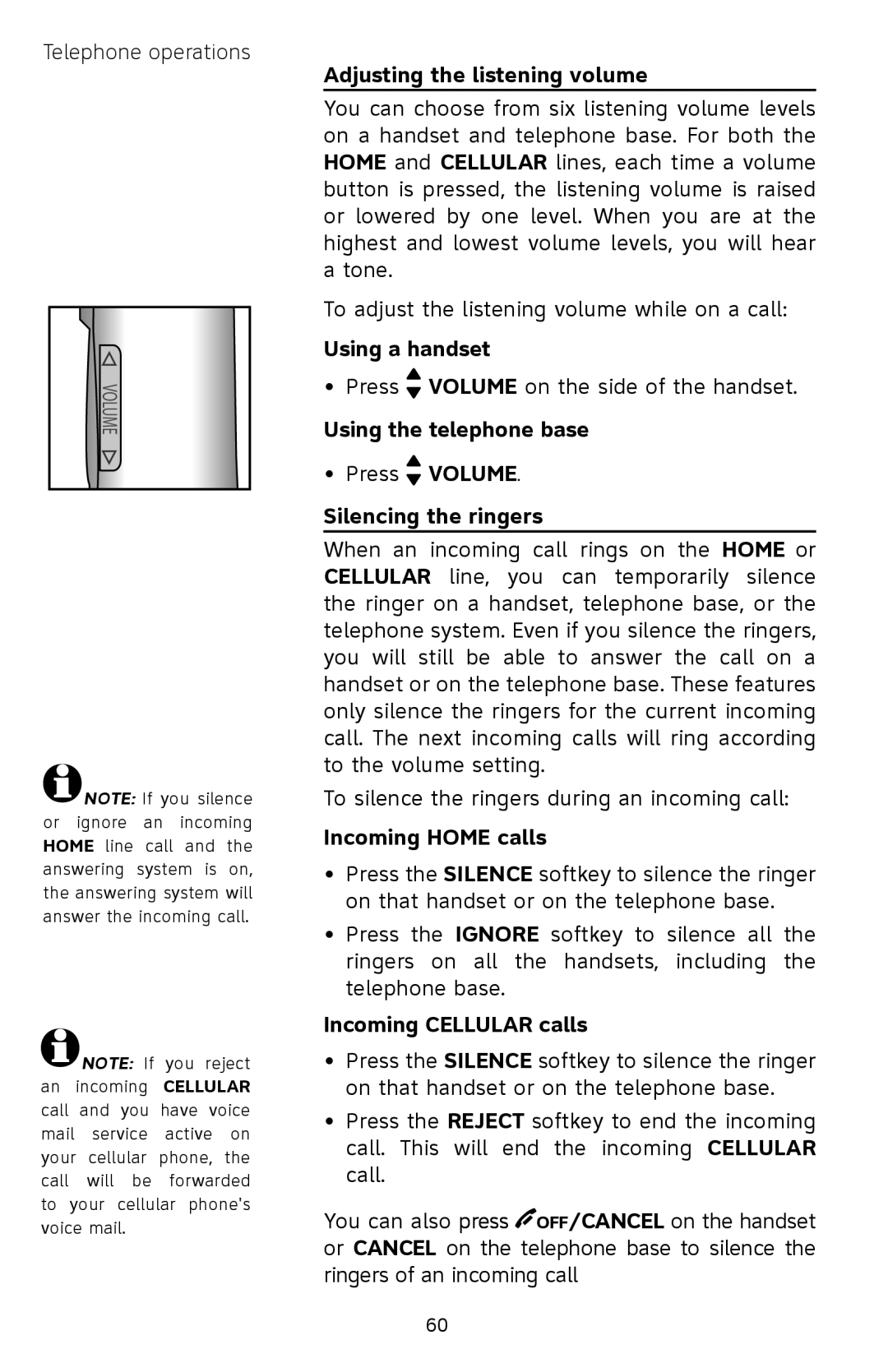 AT&T EP5632/EP5632-2 Adjusting the listening volume, Using the telephone base Press Volume Silencing the ringers 