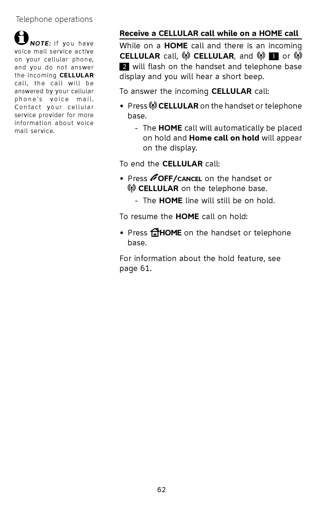 AT&T EP5632/EP5632-2 user manual Receive a Cellular call while on a Home call, Cellular call, CELLULAR, and 1 or 