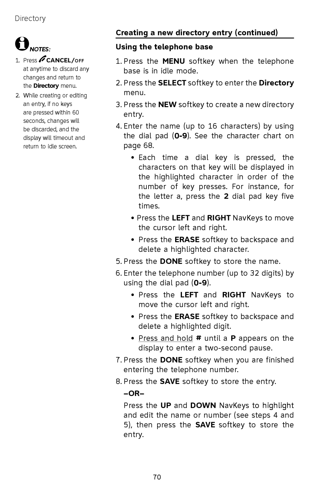 AT&T EP5632/EP5632-2 user manual Creating a new directory entry Using the telephone base 