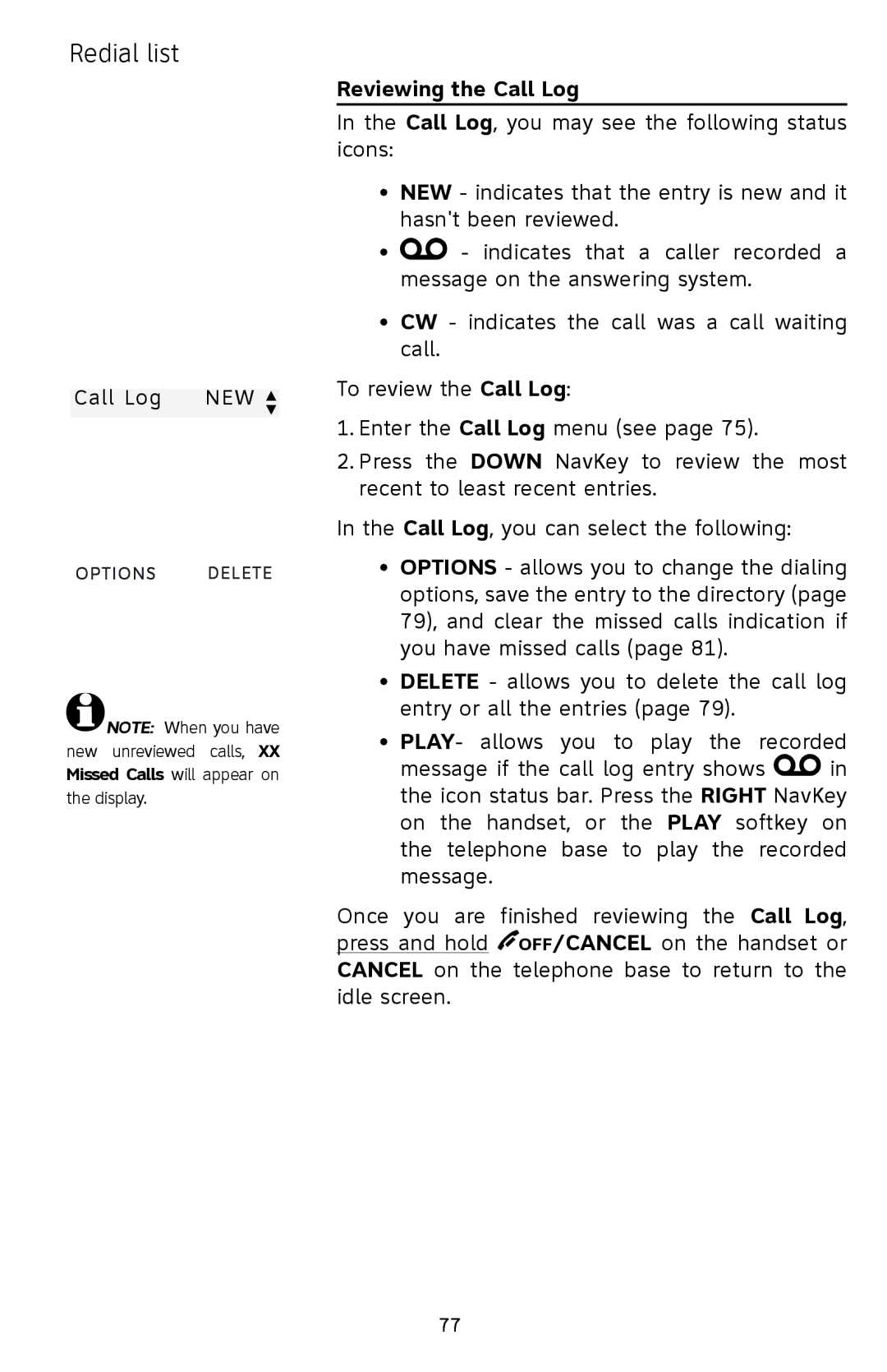 AT&T EP5632/EP5632-2 user manual Reviewing the Call Log 