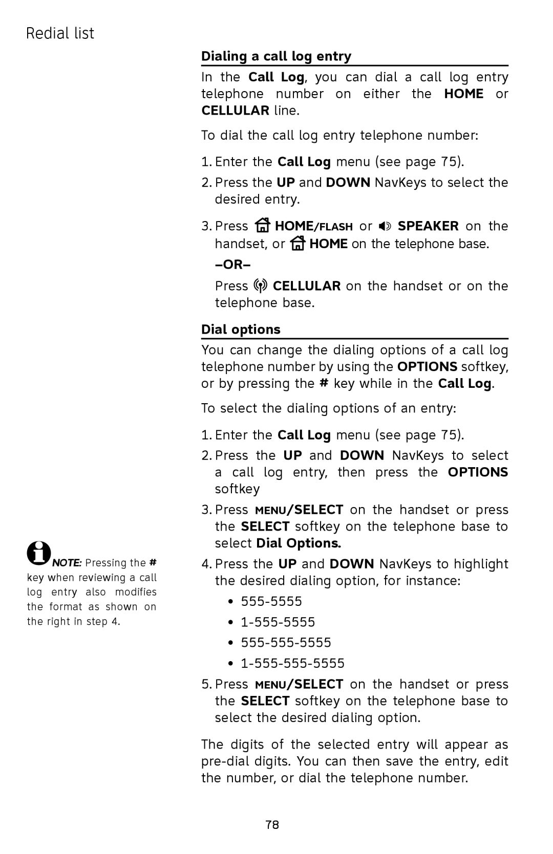 AT&T EP5632/EP5632-2 user manual Dialing a call log entry, Dial options 