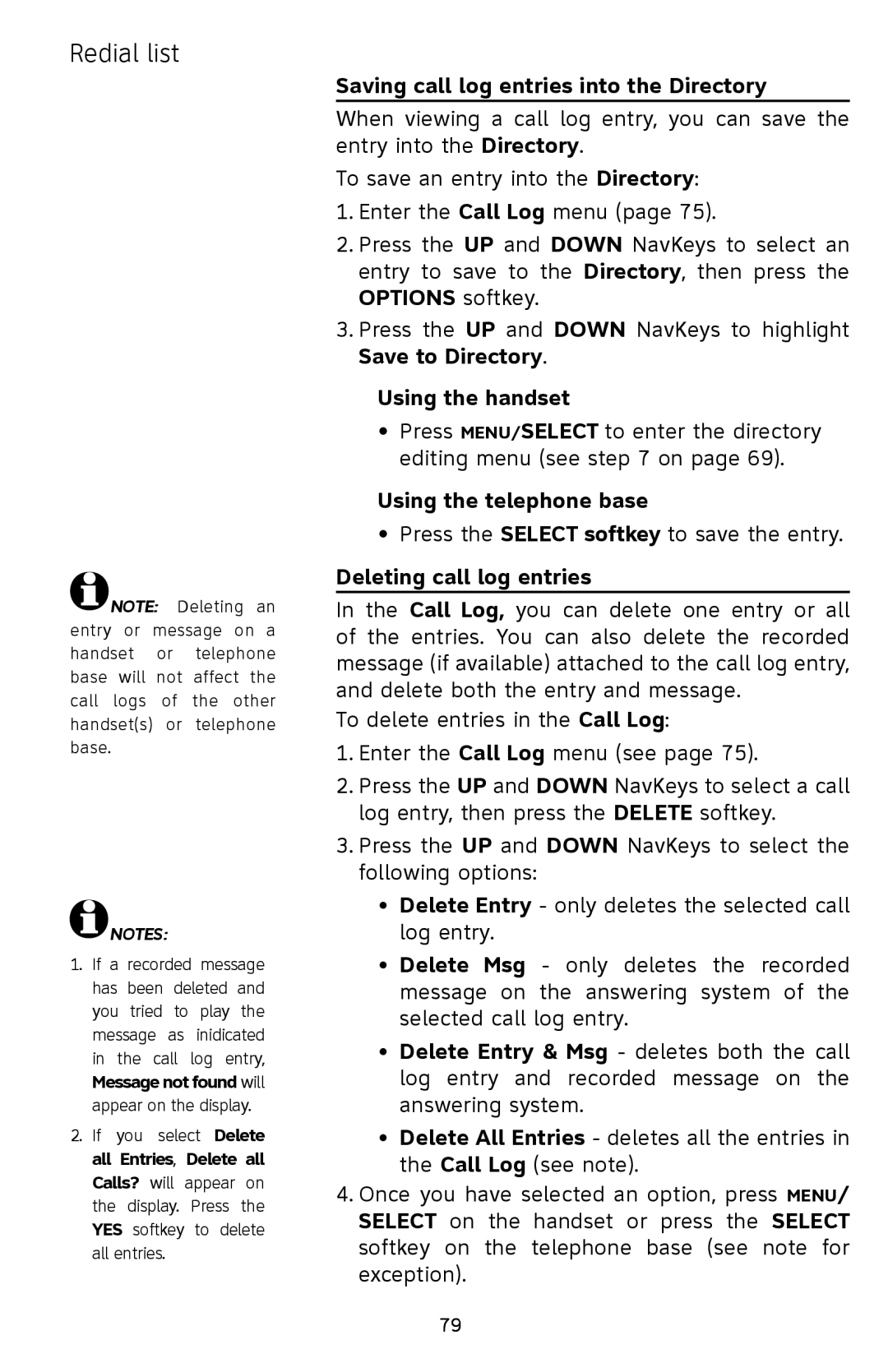 AT&T EP5632/EP5632-2 user manual Saving call log entries into the Directory, Using the handset, Deleting call log entries 