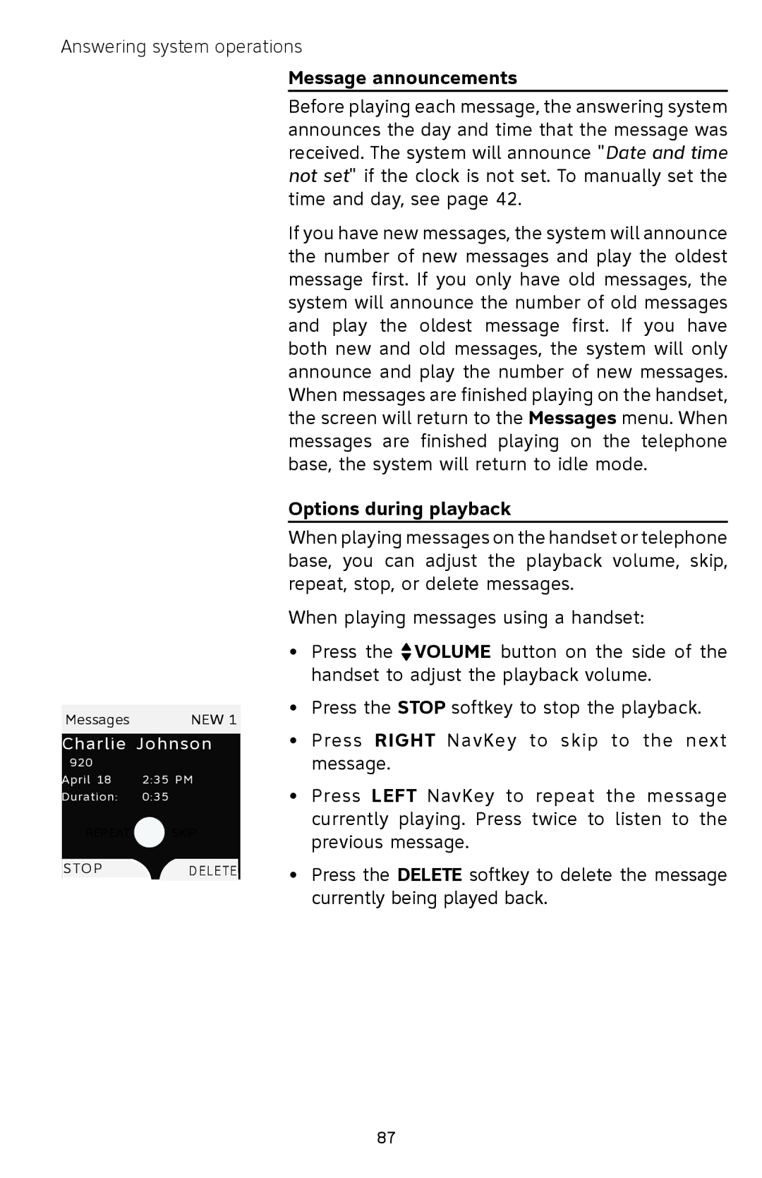 AT&T EP5632/EP5632-2 user manual Message announcements, Options during playback 