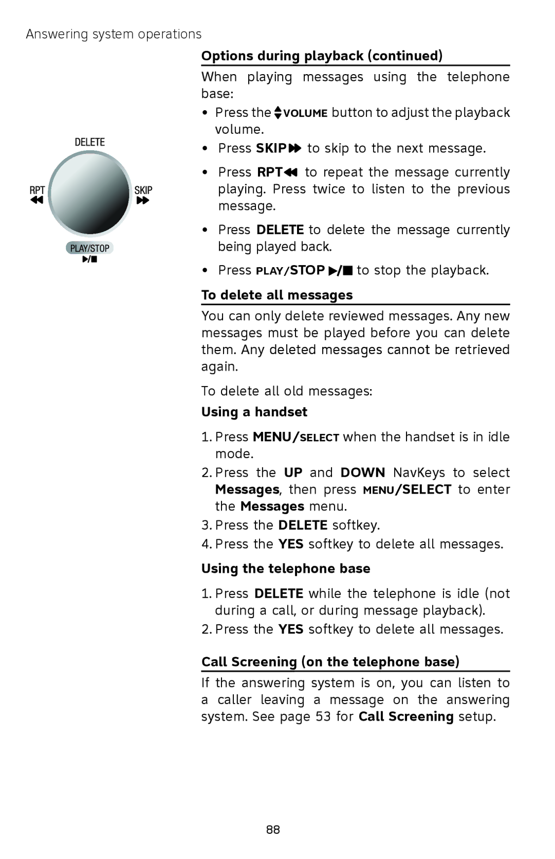 AT&T EP5632/EP5632-2 user manual To delete all messages, Call Screening on the telephone base 