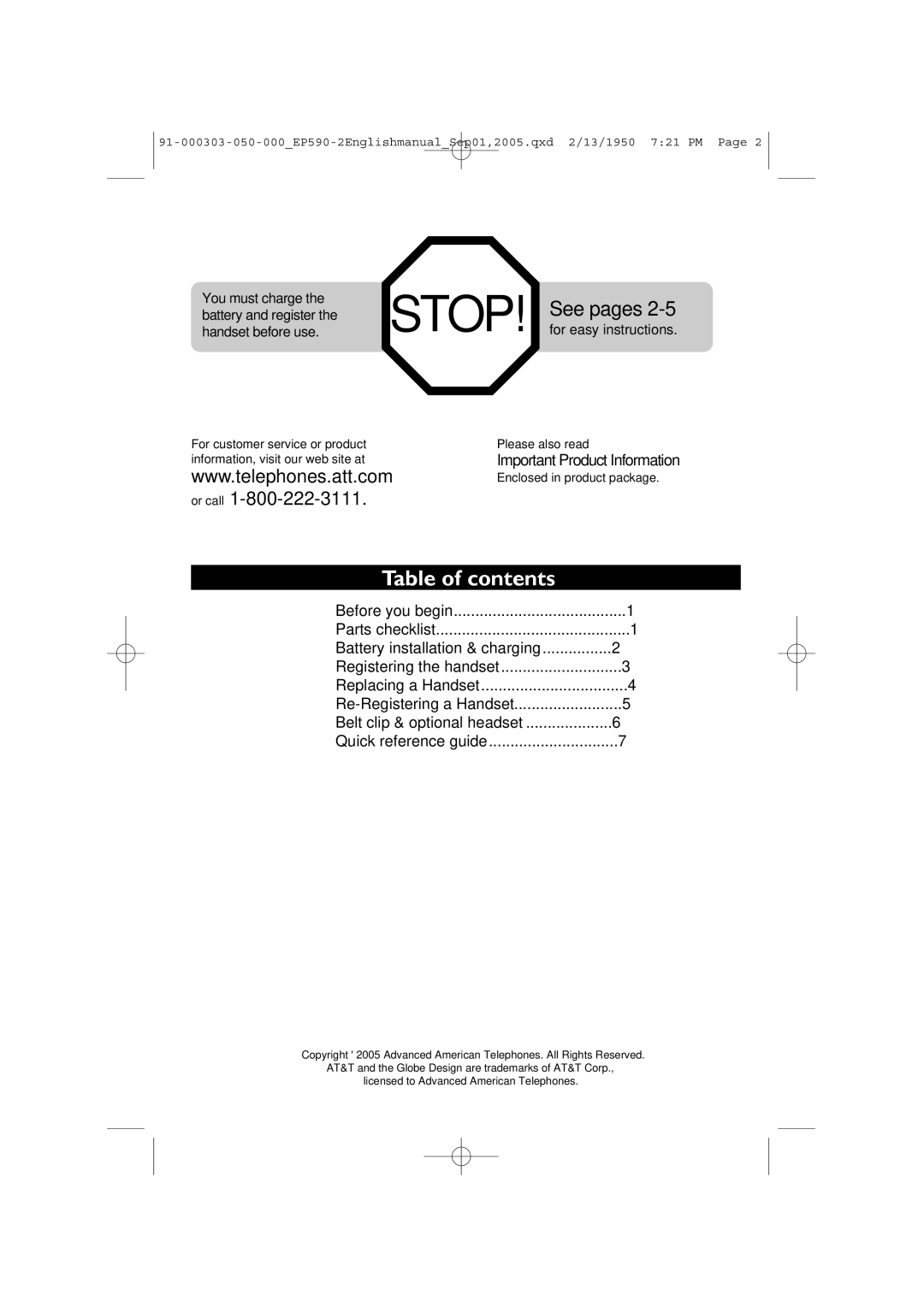 AT&T EP590-2 user manual Table of contents 