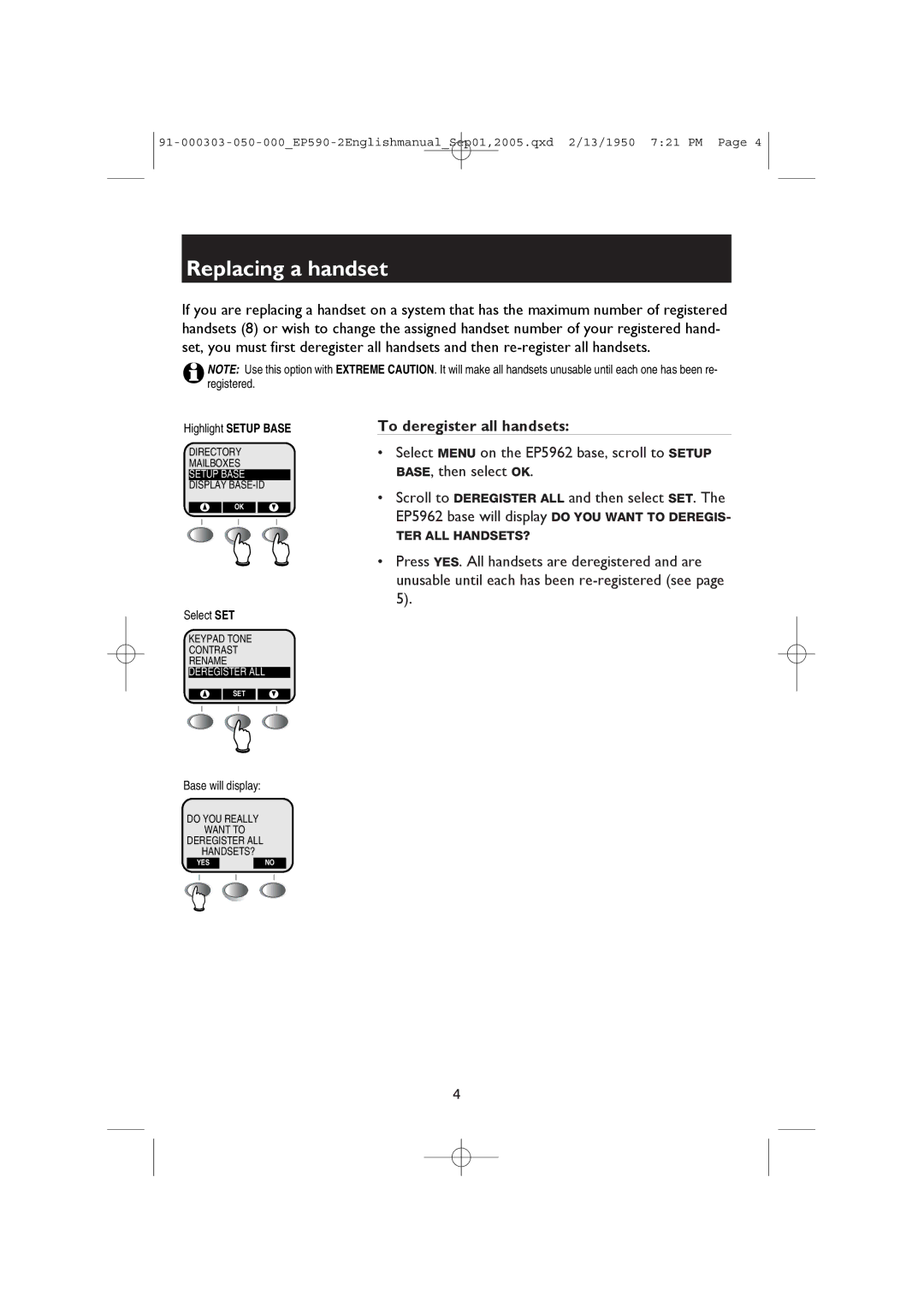 AT&T EP590-2 user manual Replacing a handset, To deregister all handsets 